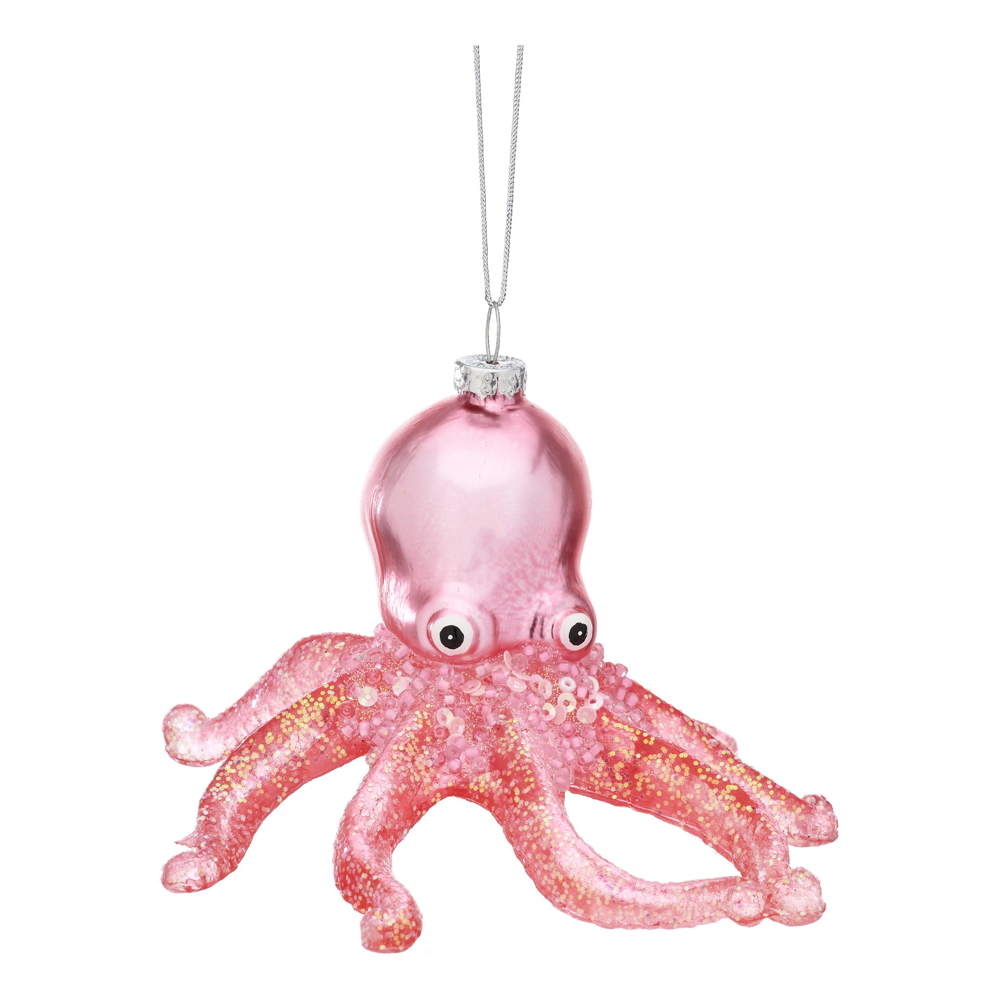Sass & Belle octopus glitter bauble – pink glass Christmas tree ornament with eight glittering tentacles and big eyes