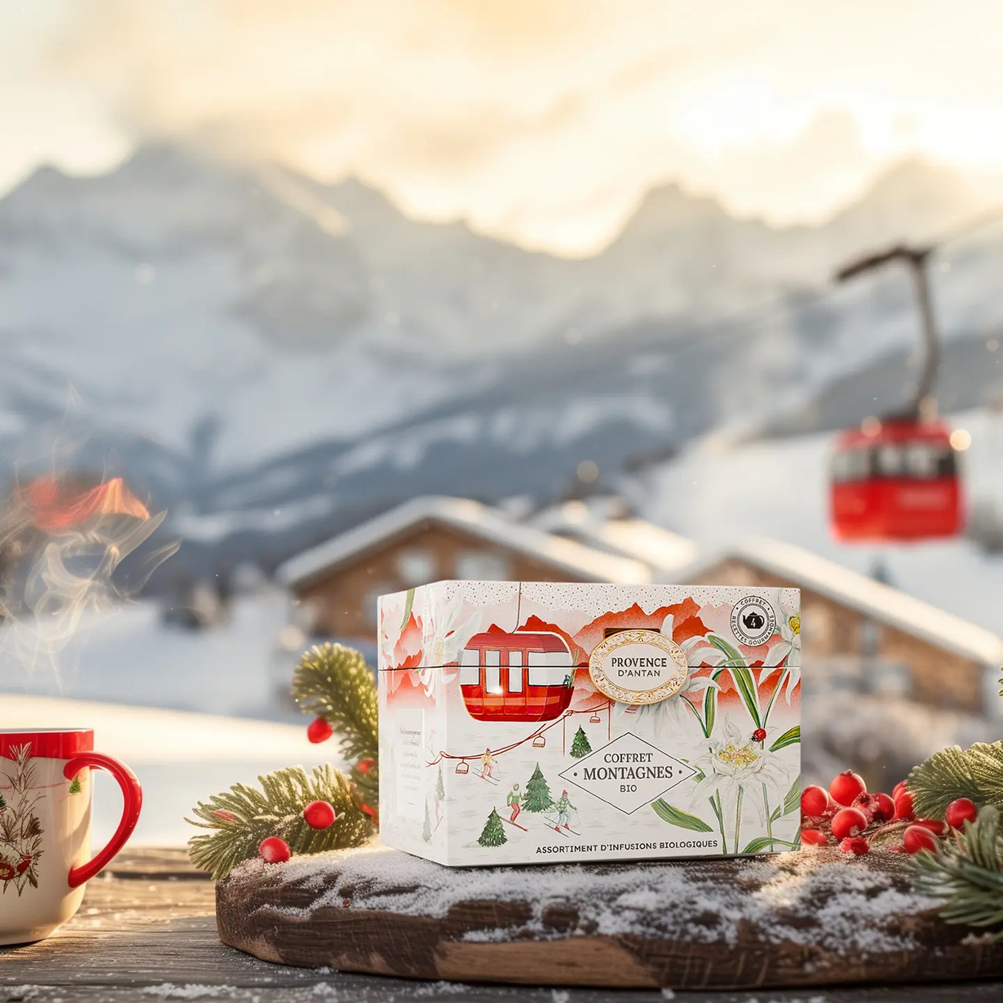 Scatola di tisane davanti a un paesaggio di montagna innevato con funivia