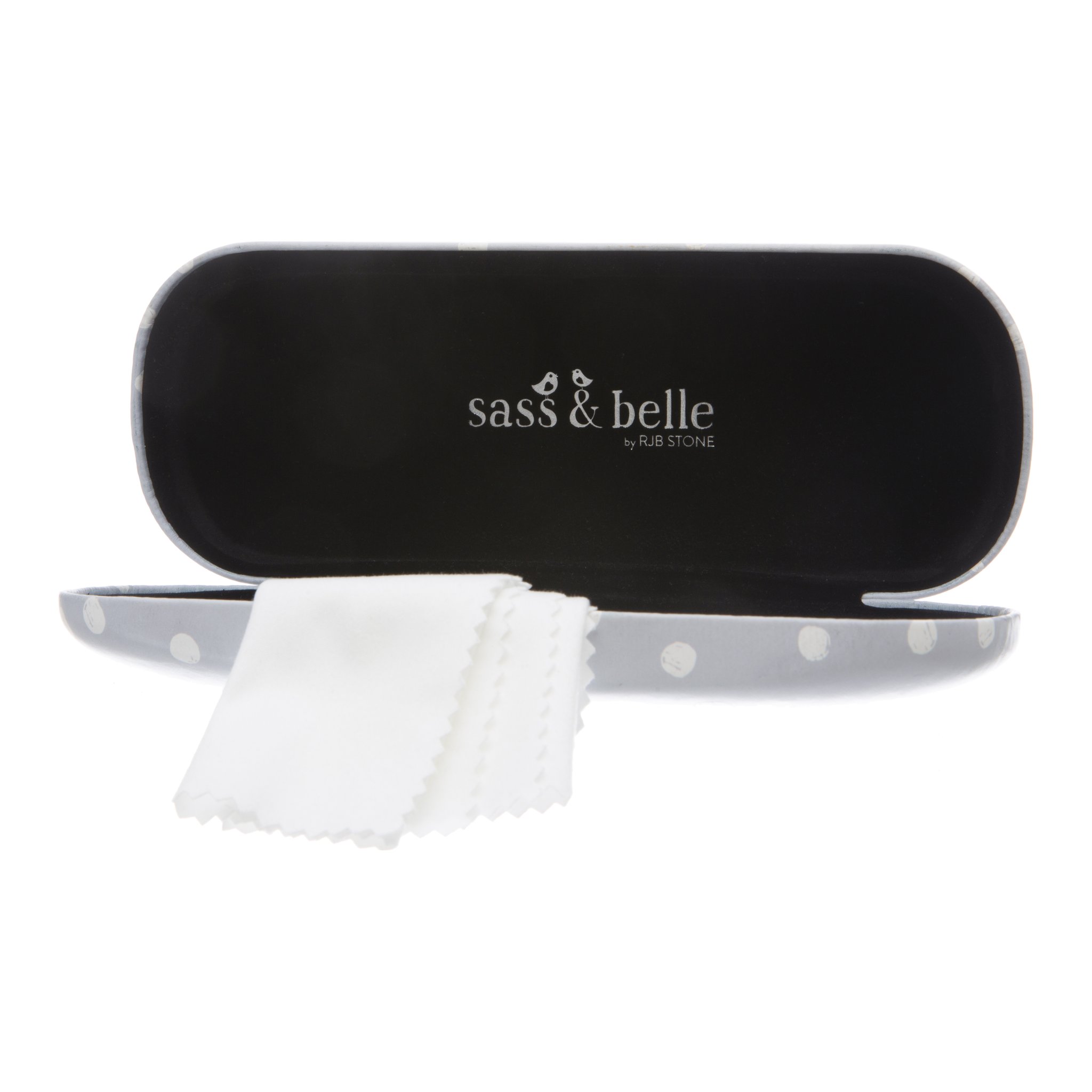 Étui à lunettes Barney ouvert avec doublure noire et chiffon de nettoyage