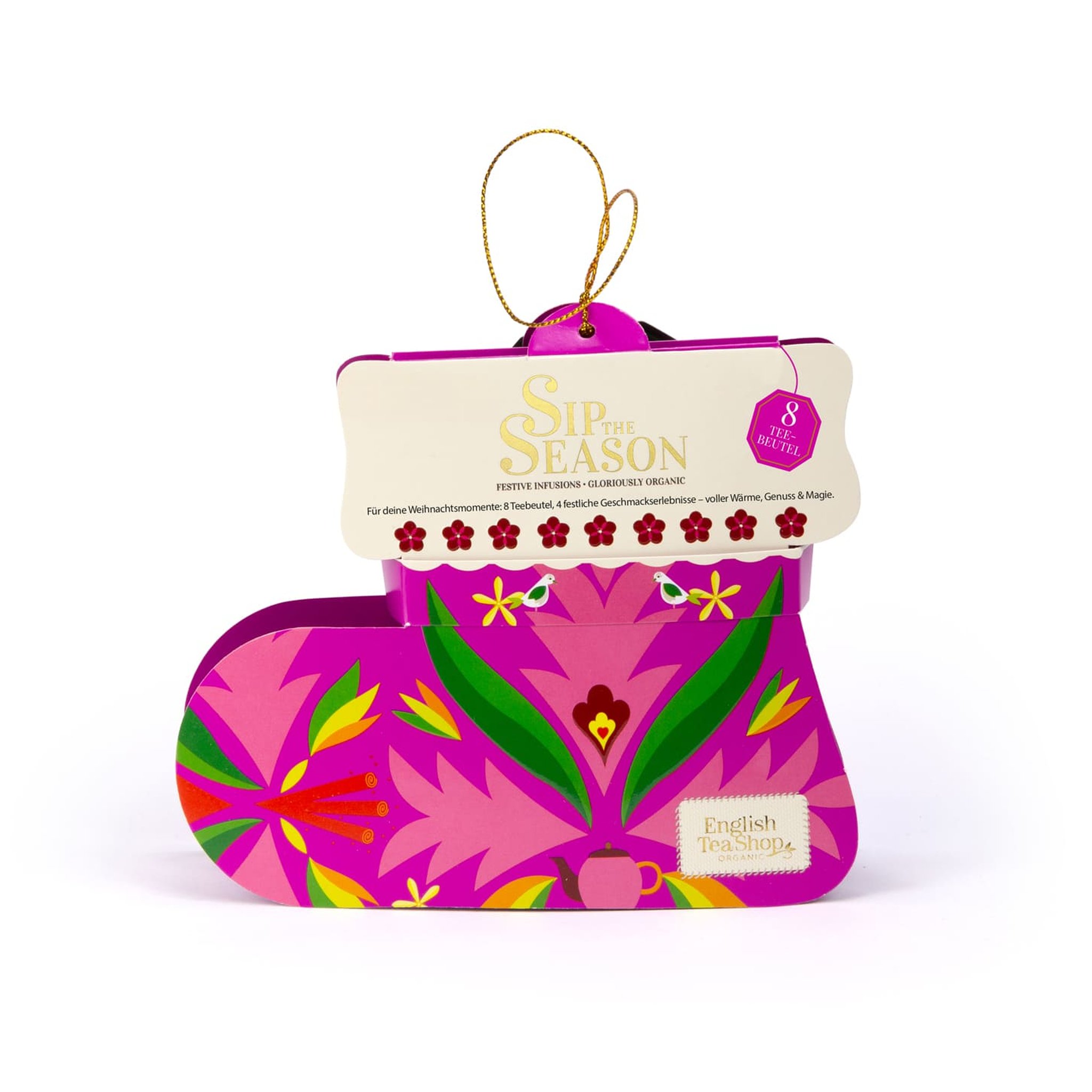 Cadeau de thé en forme de botte de Noël rose à motif floral avec boucle dorée