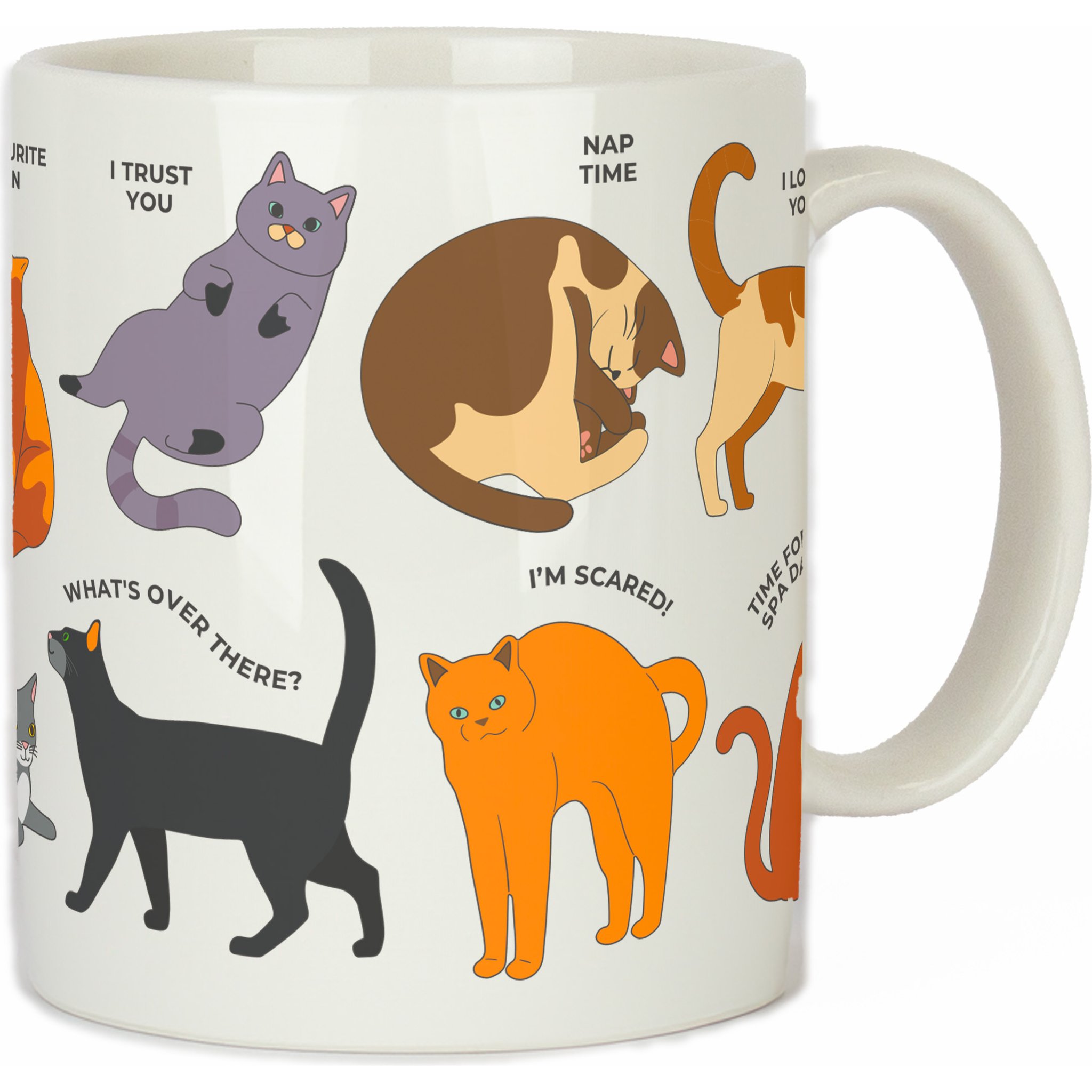 Nahaufnahme der Katzen-Illustrationen mit Sprechblasen auf der Tasse