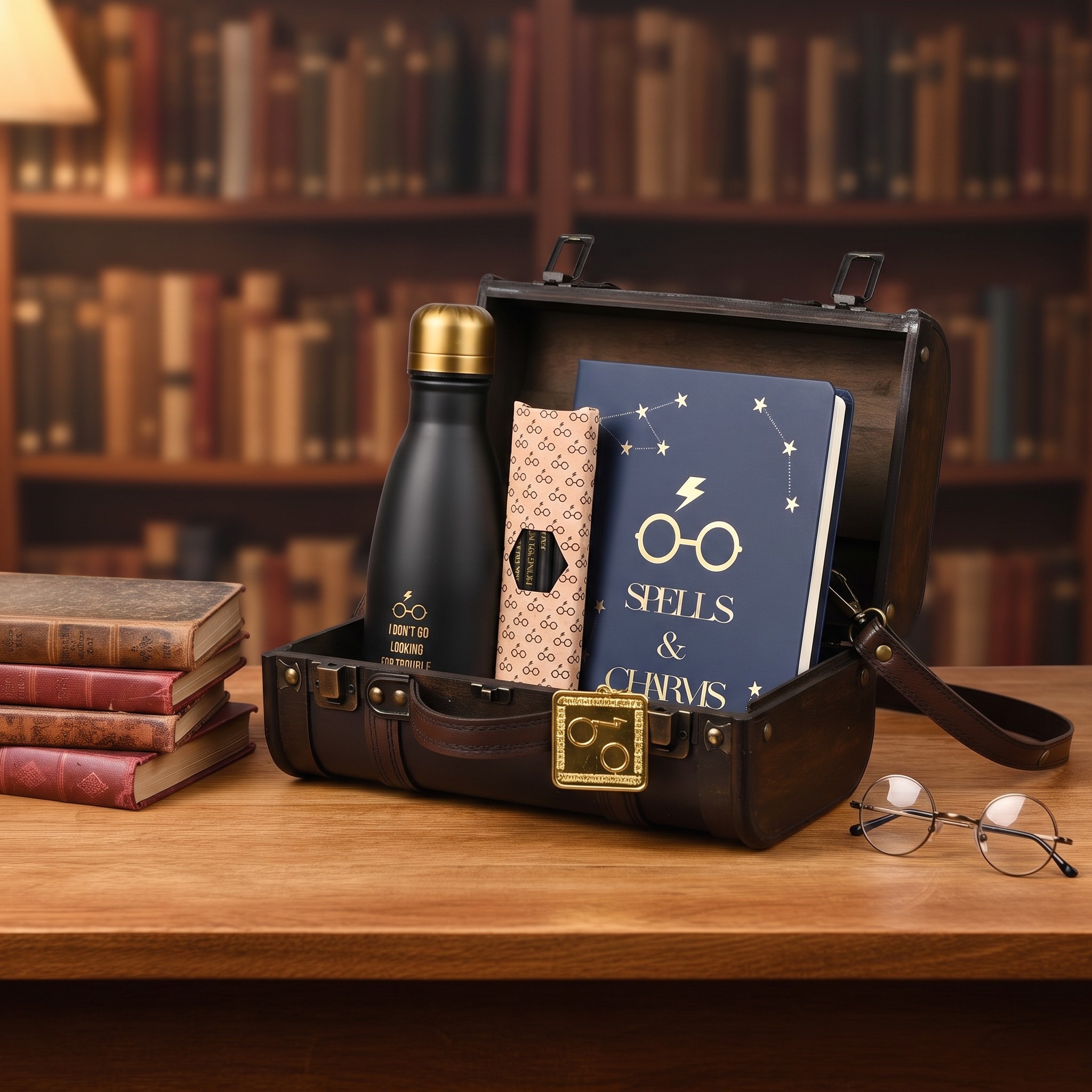 Geöffneter Hogwarts-Koffer mit Trinkflasche, Notizbuch und Bleistiften vor einem Bücherregal