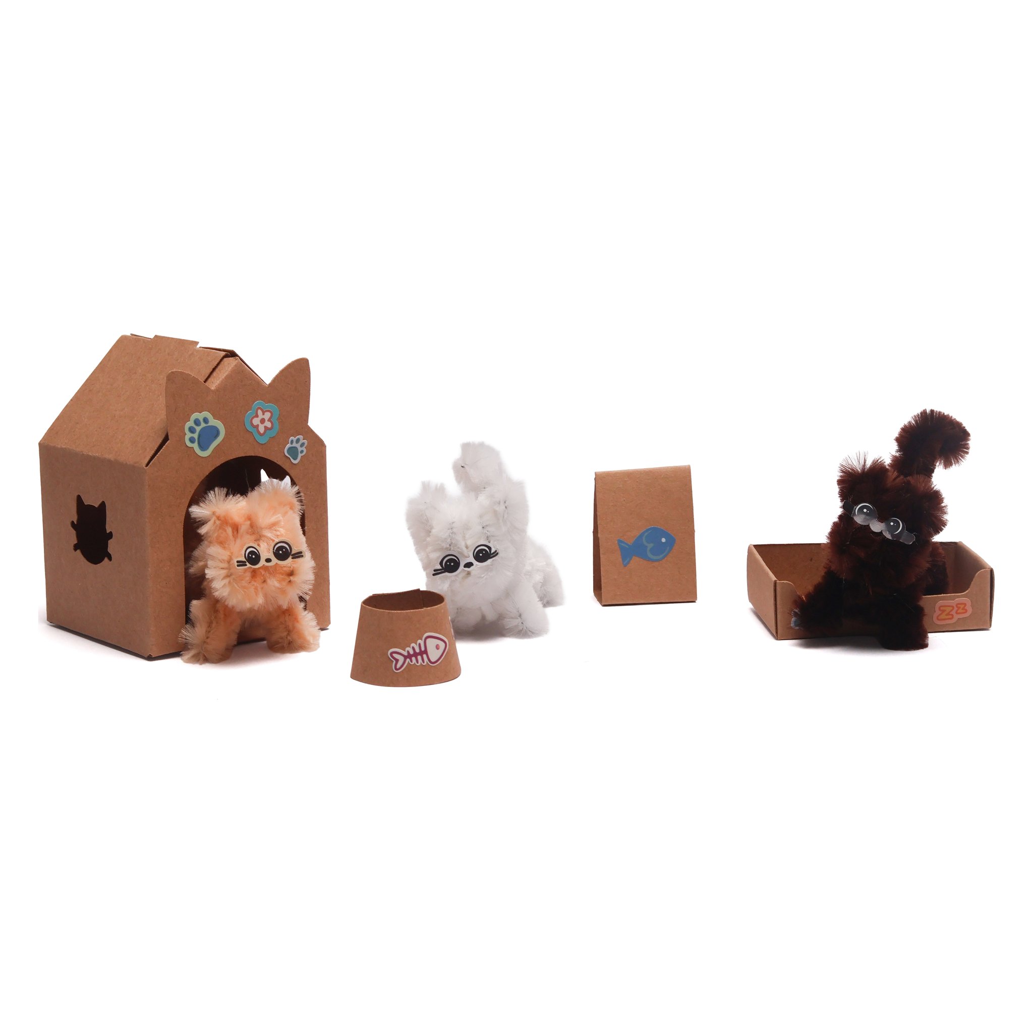 Mini Furry Friends craft kit – three pipe cleaner cats with cat house