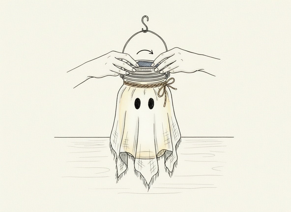 Sketch: two hands screwing the solar lid with handle onto the jar with the fabric ghost