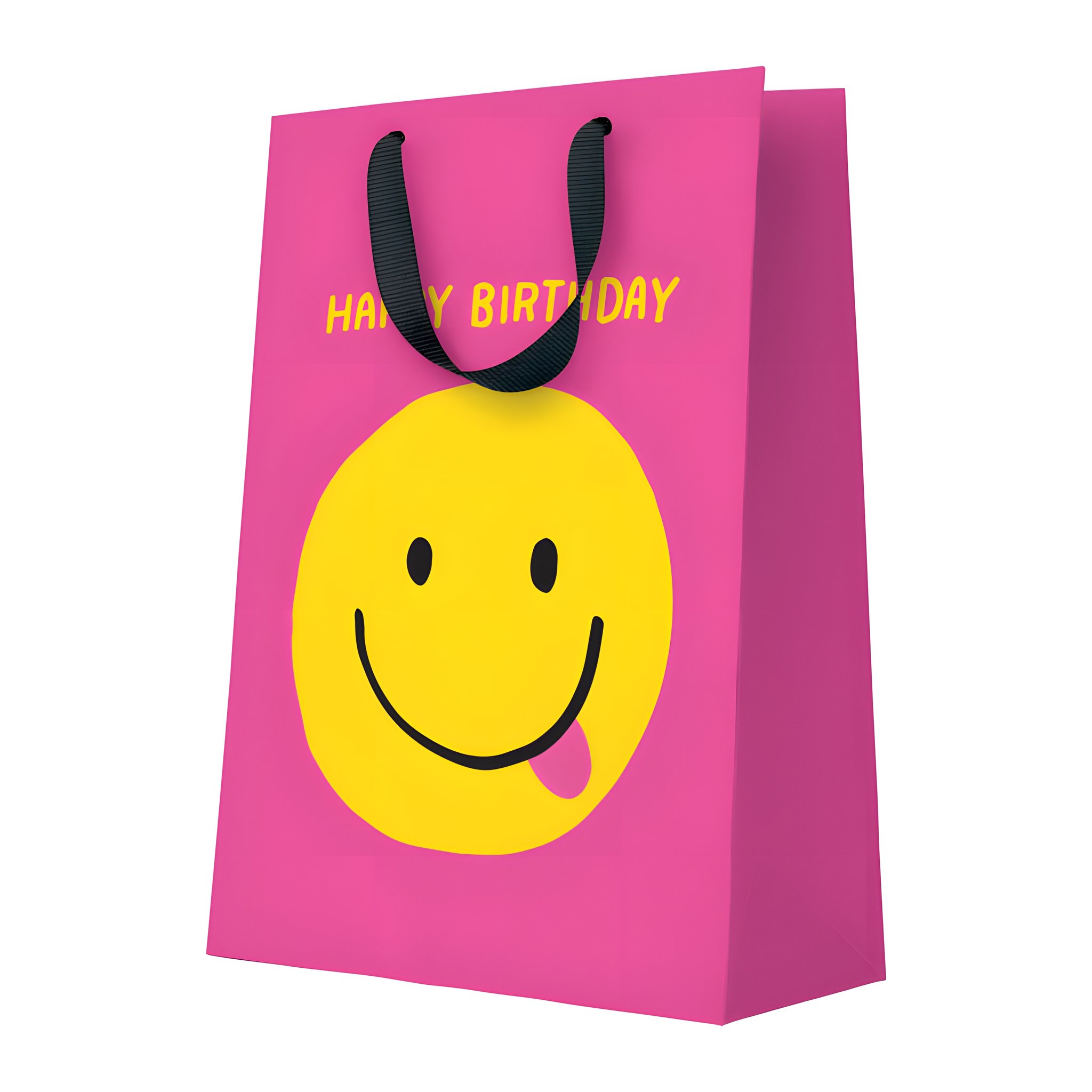 Busta regalo grande di compleanno con smiley giallo di Ohh Deer con manici in nastro su sfondo bianco