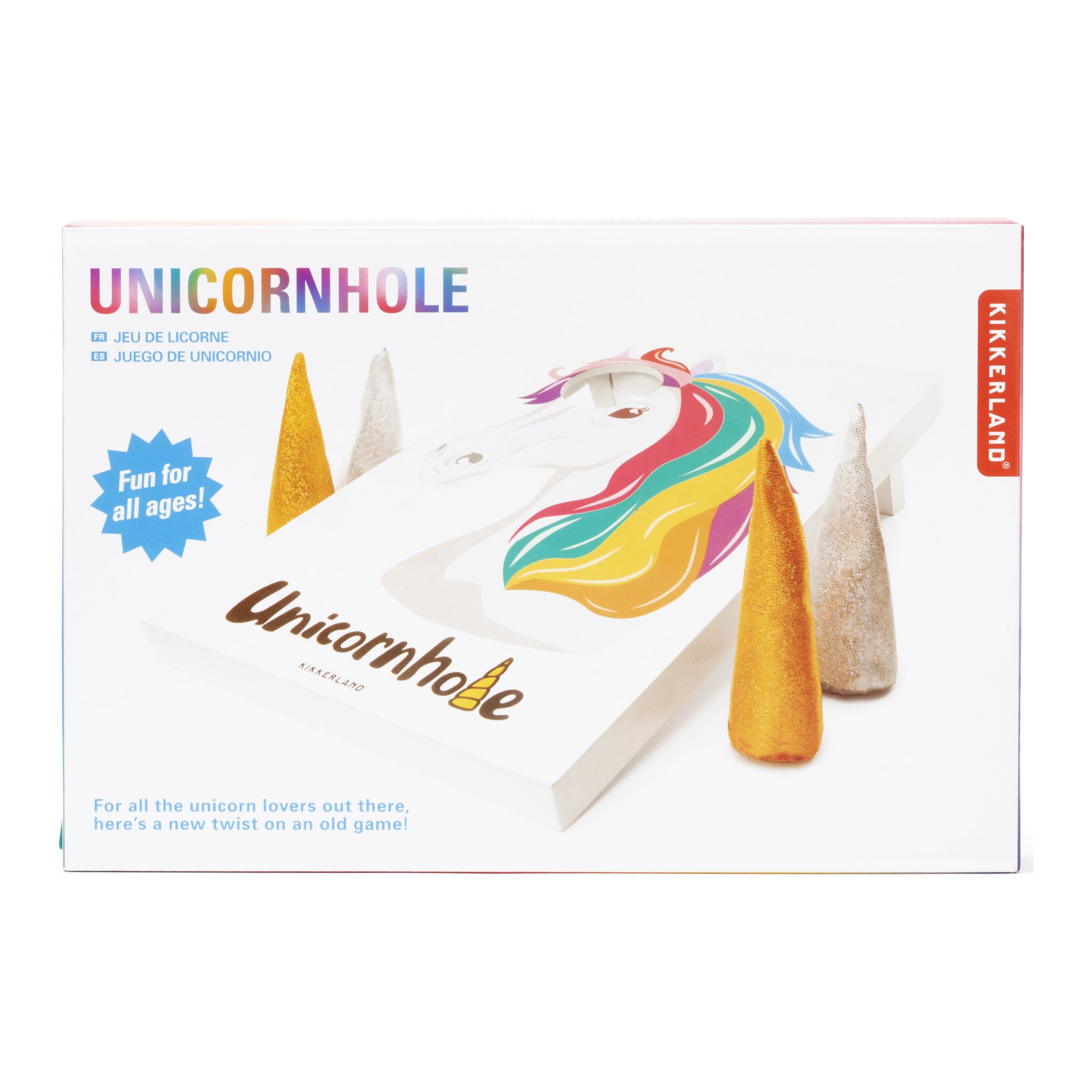 Unicornhole toss game in the Kikkerland packaging