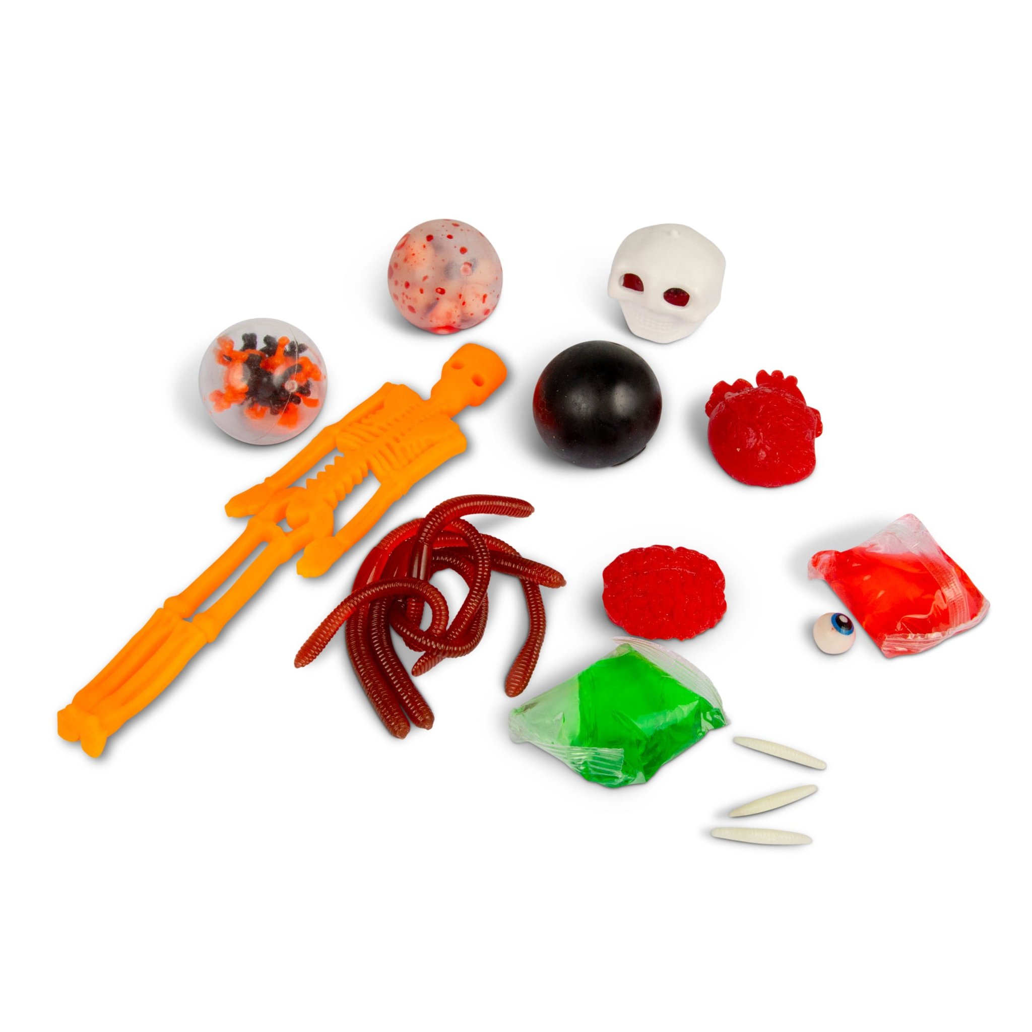 Contenuto della Horror Vending Machine: scheletro, vermi gommosi, bulbo oculare, cervello, teschio e slime