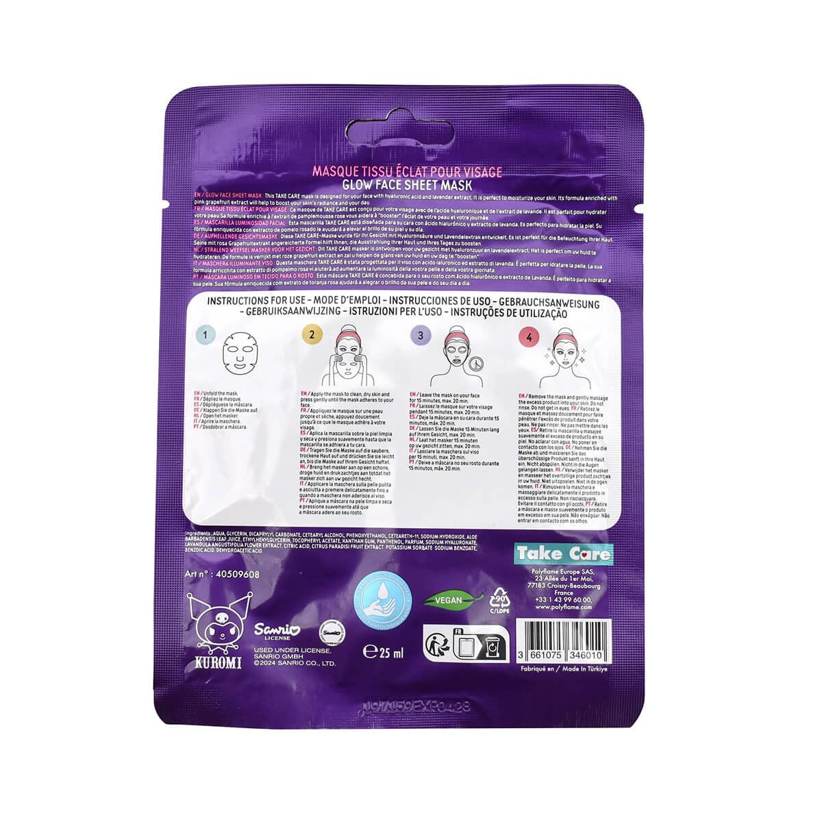 Masque tissu glow Kuromi de Takecare – emballage