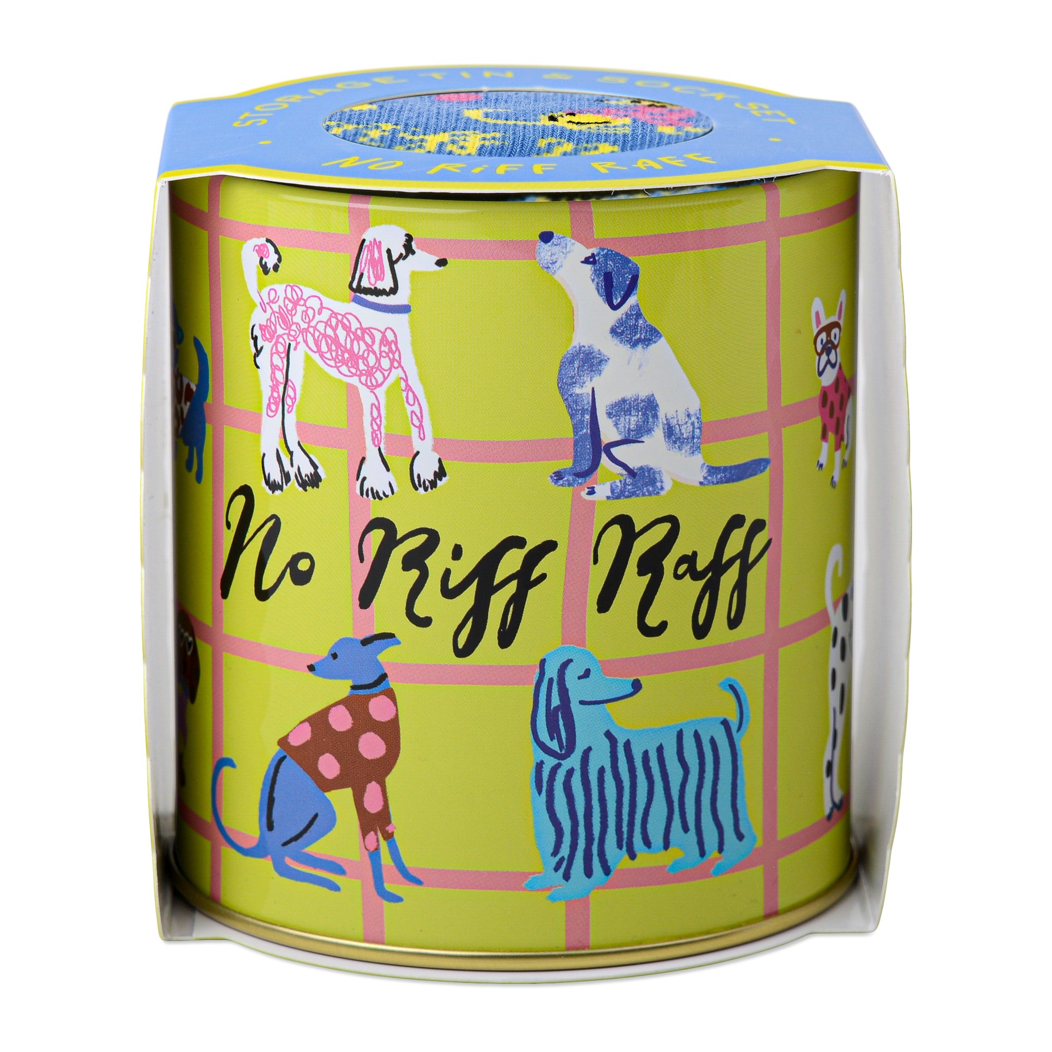 Chaussettes à chiens No Riff Raff dans la boîte en métal vert citron avec bandeau