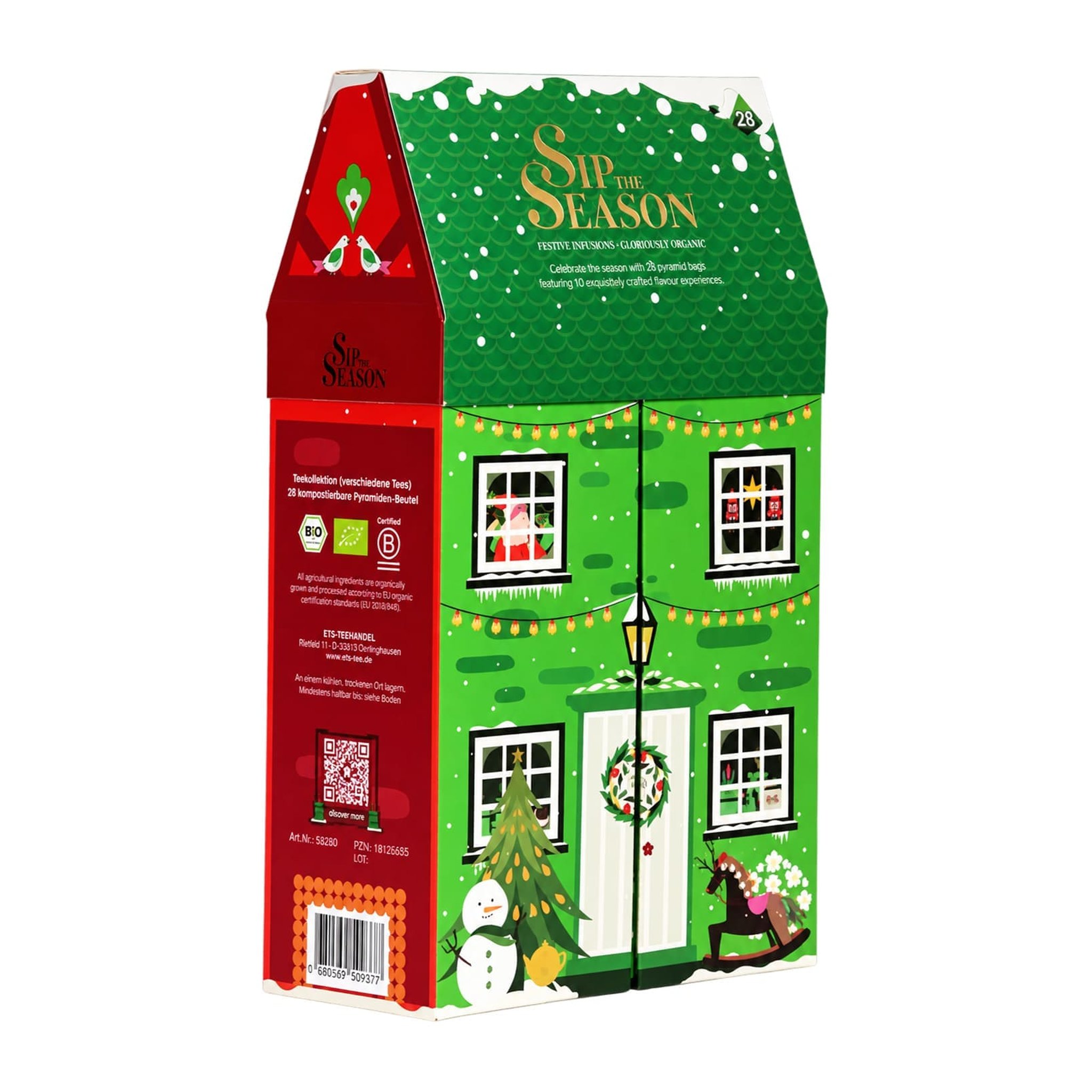 Face verte du coffret de thé avec panneau latéral rouge, informations produit, logo bio et code-barres