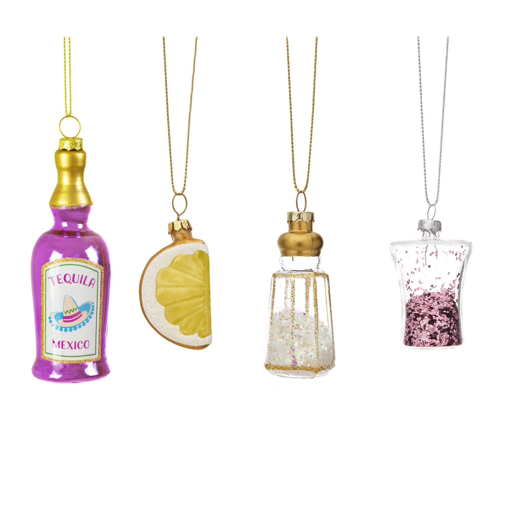 Glass tequila set: bottle, lemon slice, salt shaker and glitter shot glass
