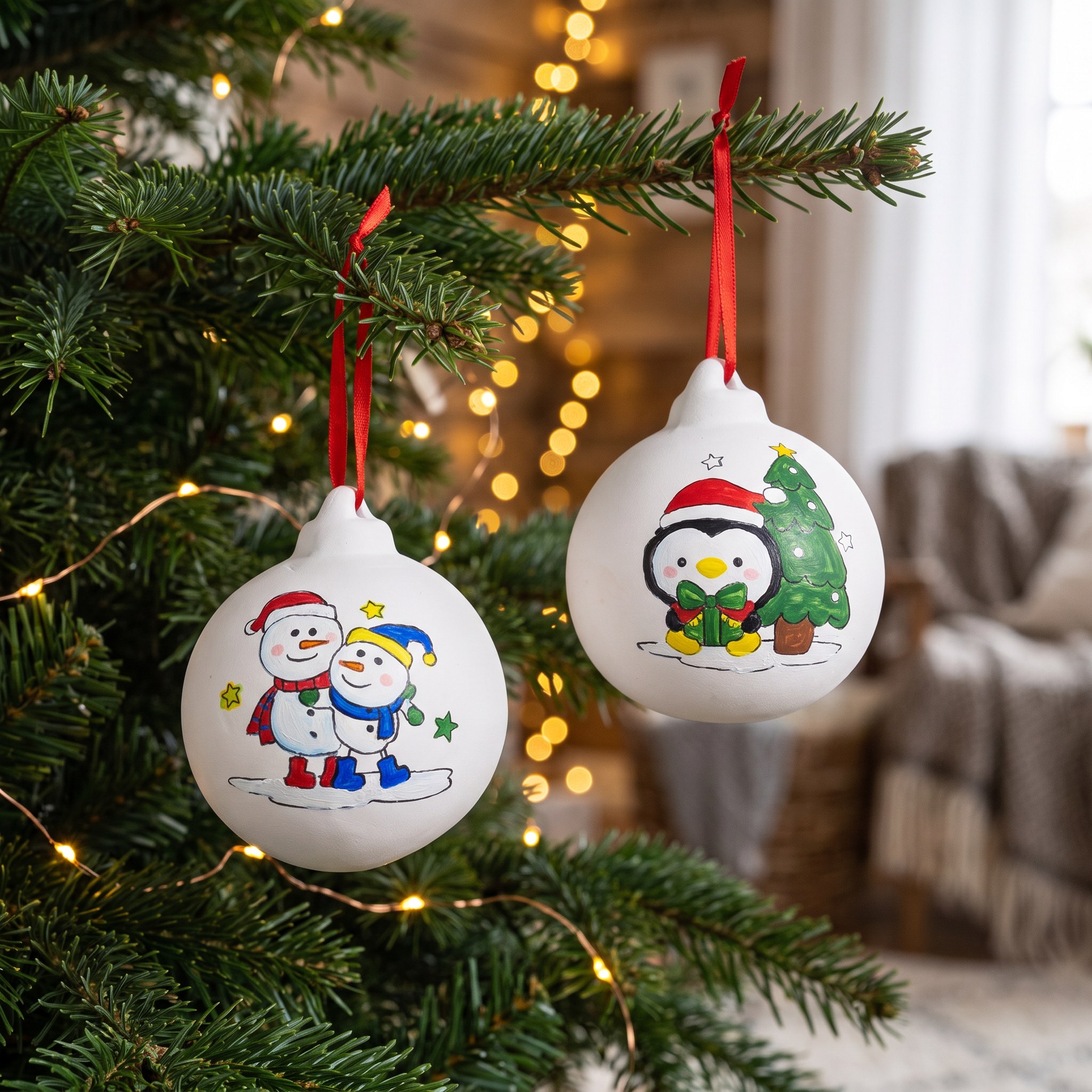 Zwei bemalte Keramik-Weihnachtskugeln mit roten Bändern am Weihnachtsbaum