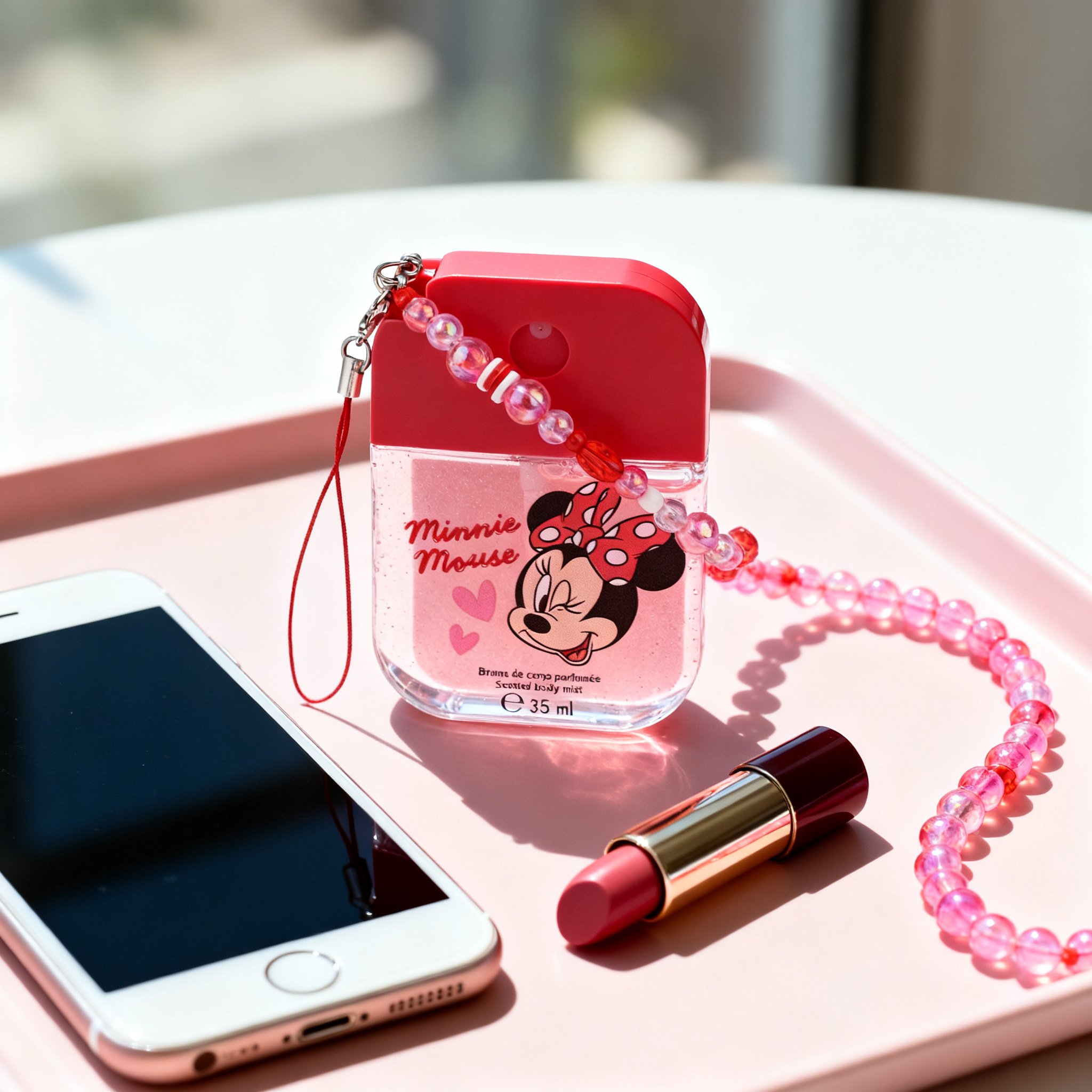 Minnie Mouse Körperspray mit Perlenband auf einem rosa Tablett neben Smartphone und Lippenstift