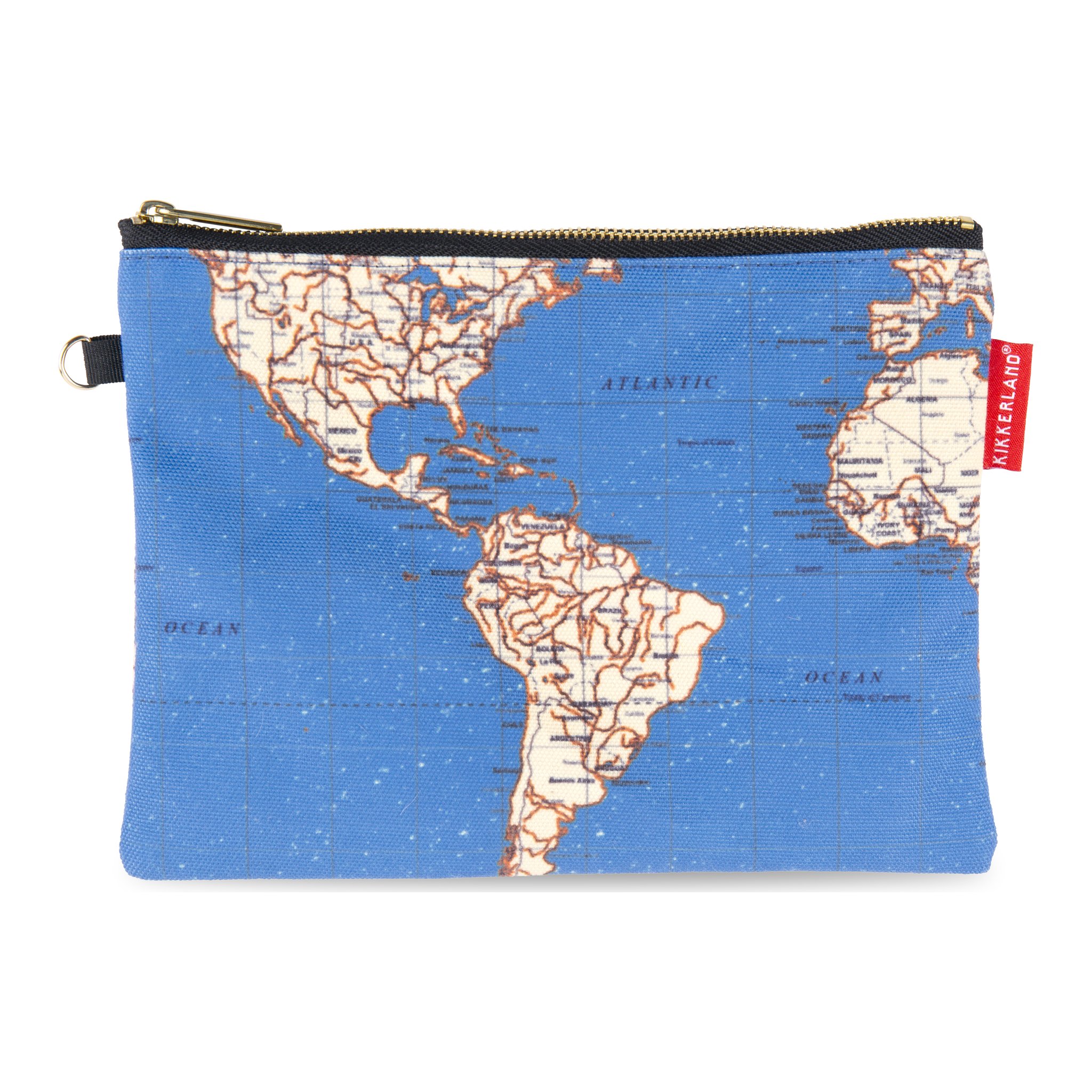 Blaue Globetrotter-Tasche mit Weltkarte und Reissverschluss