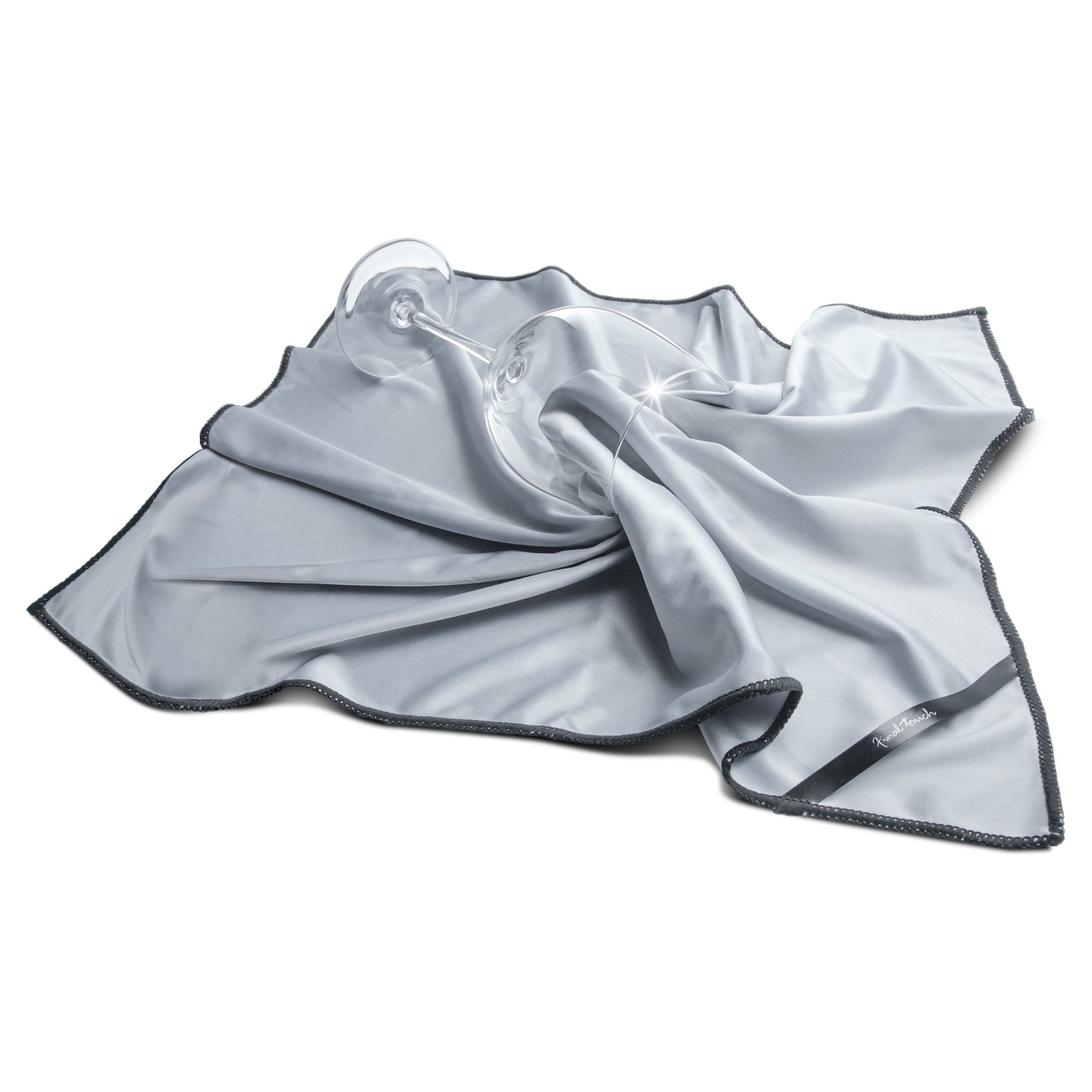 Final Touch Microfiber Polishing Cloth spread out with sparkling wine glass