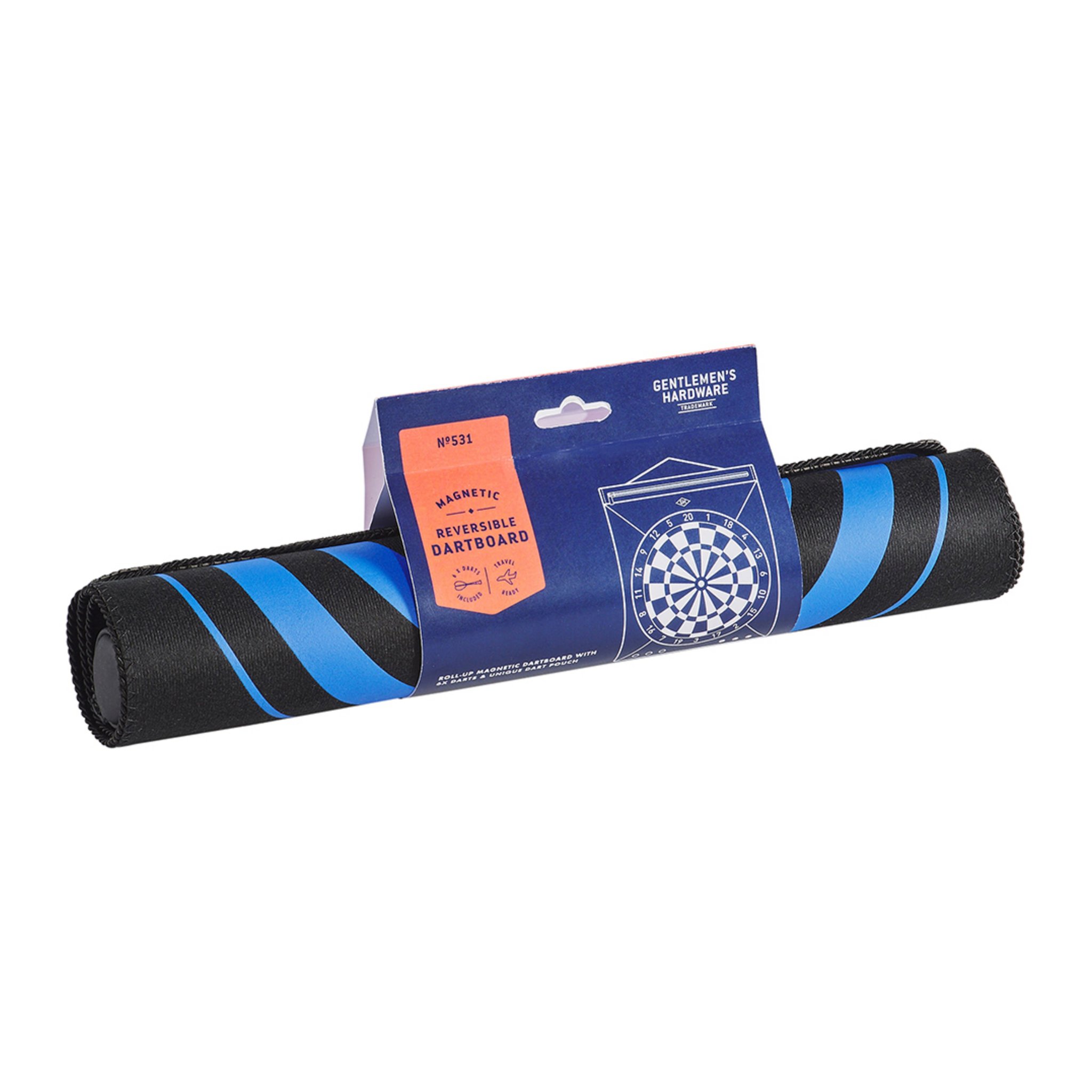 Vue en biais du jeu de fléchettes enroulé avec son bandeau, rayures bleues en spirale sur tissu noir