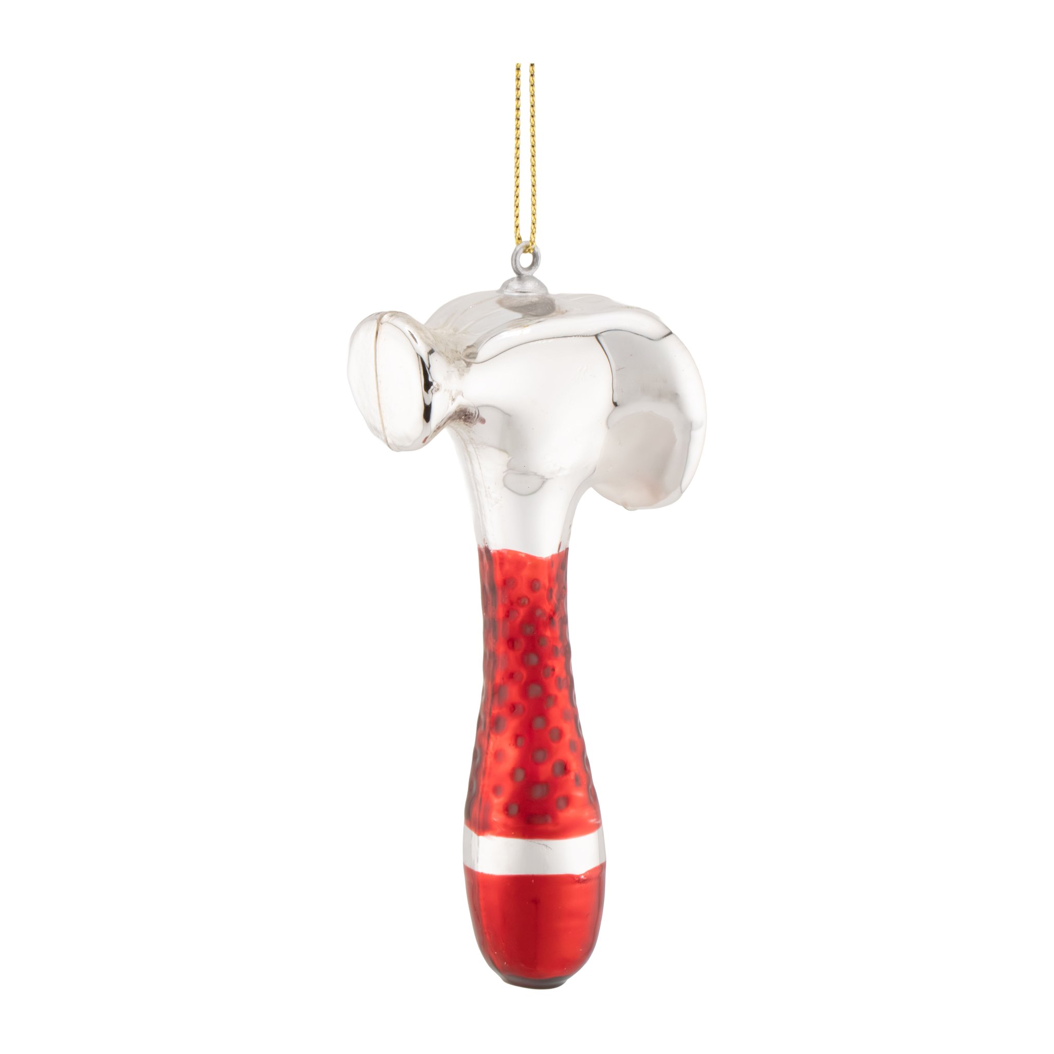 Glass hammer ornament with silver head and red glitter handle