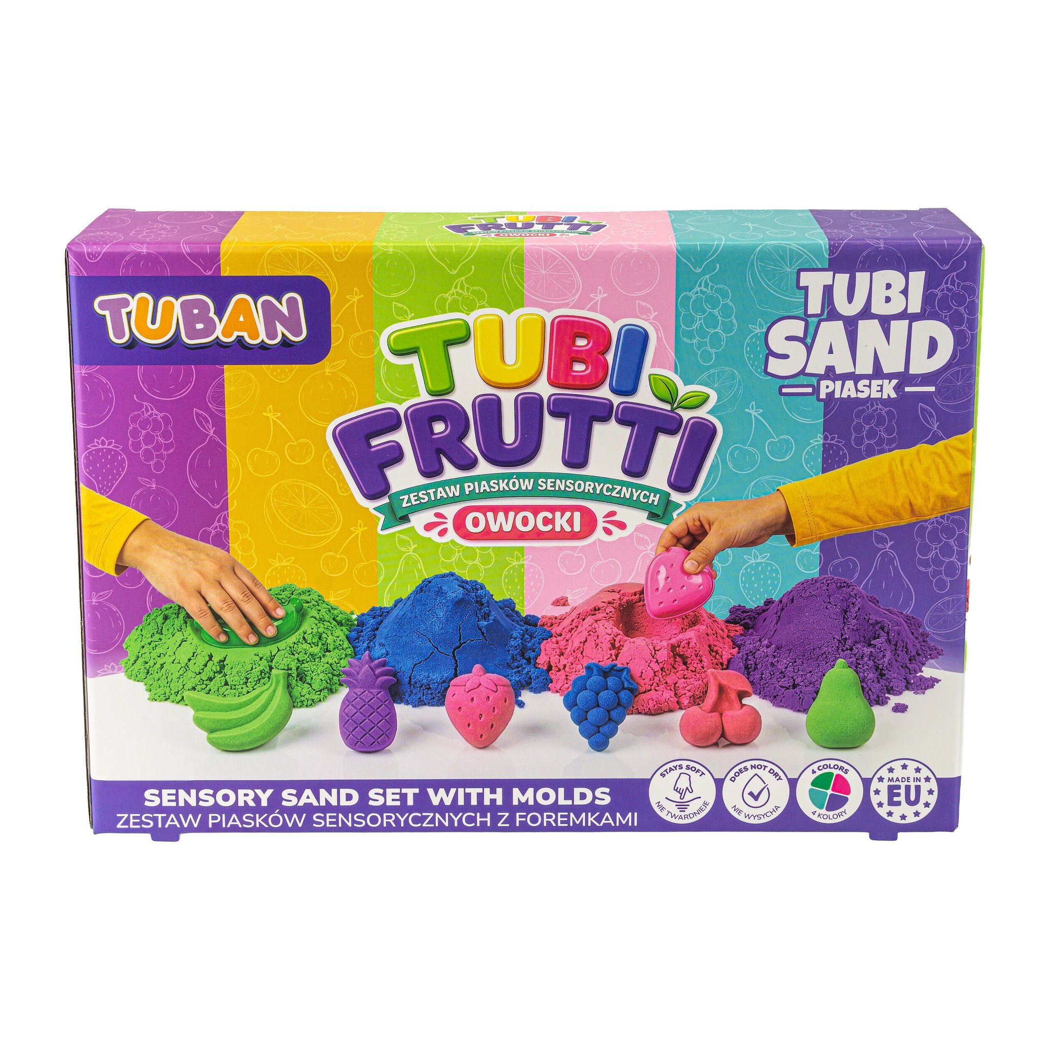 Fronte della confezione Tubi Frutti con mani di bambini che modellano frutti di sabbia