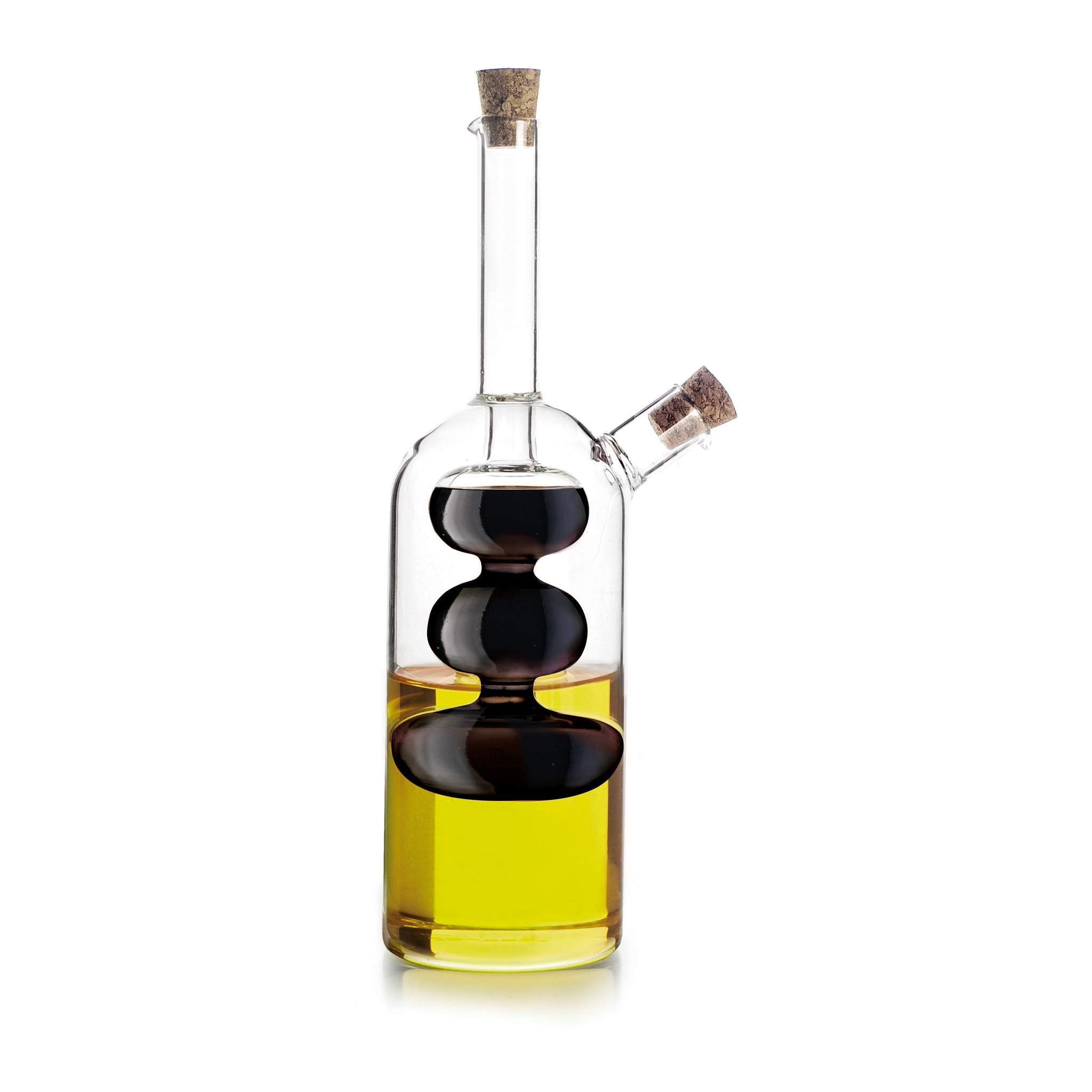 2-in-1 oil and vinegar bottle filled with vinegar in the inner column and olive oil outside