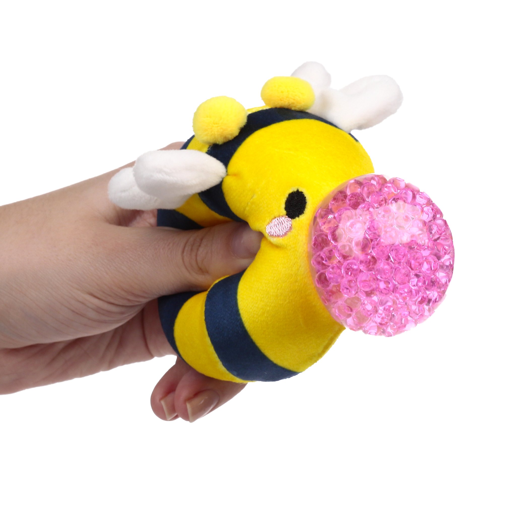 Balle anti-stress abeille en peluche tenue en main, perle de gel qui ressort