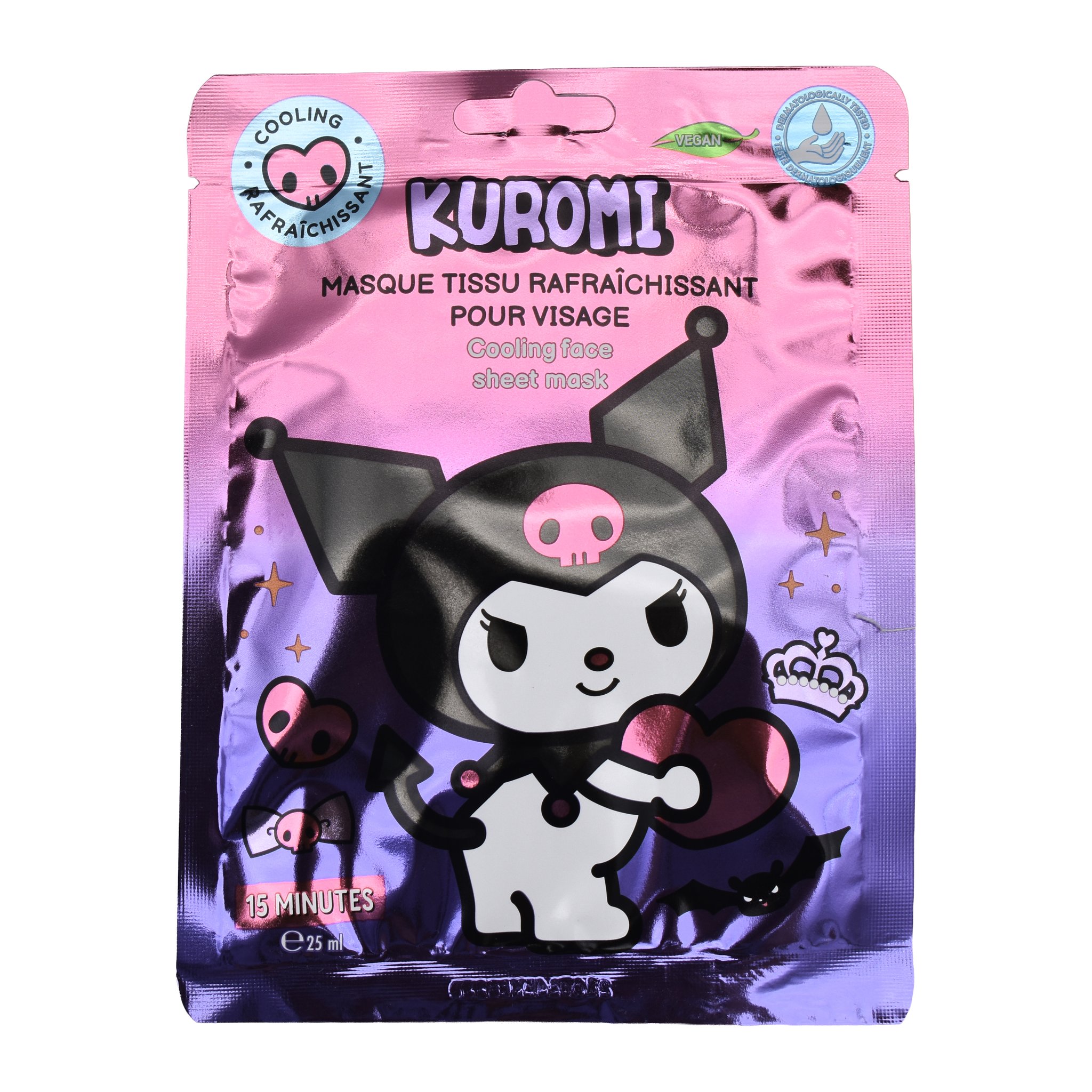 Pink and purple packaging of the cooling Kuromi sheet mask with Kuromi holding a heart