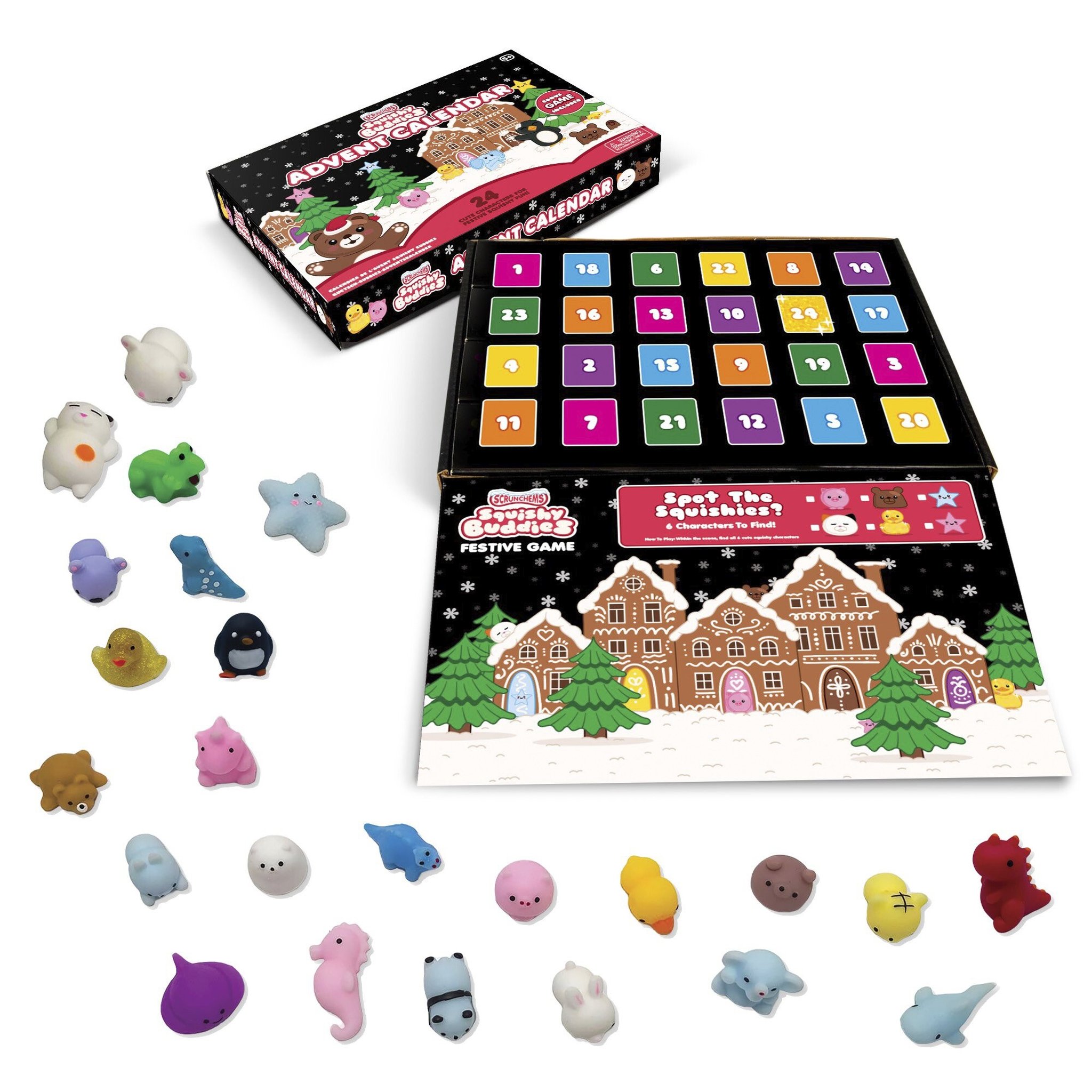 Scrunchems Squishy Buddies Adventskalender geöffnet mit allen 24 Mini-Squishies und Verpackung