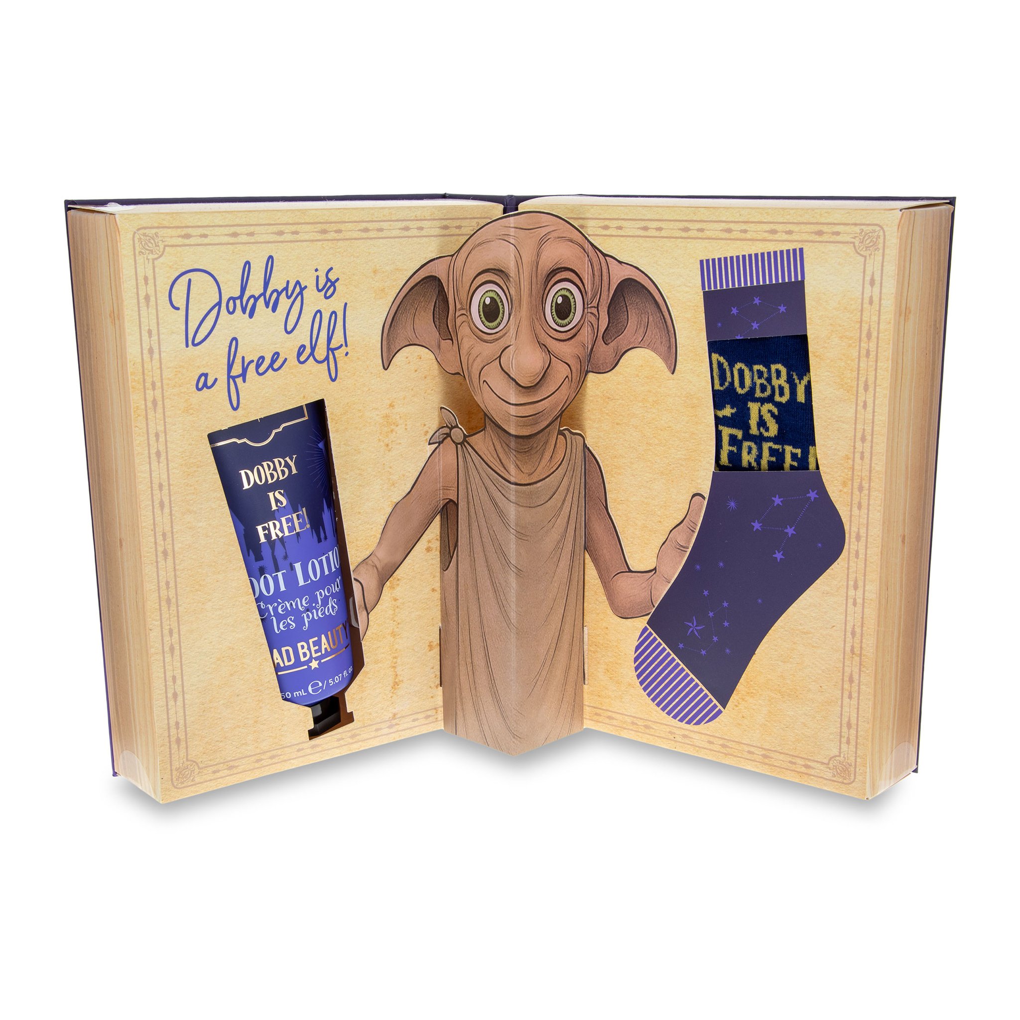 Aufgeklappte Buchverpackung mit Dobby als 3D-Figur, Fusscreme und Socke