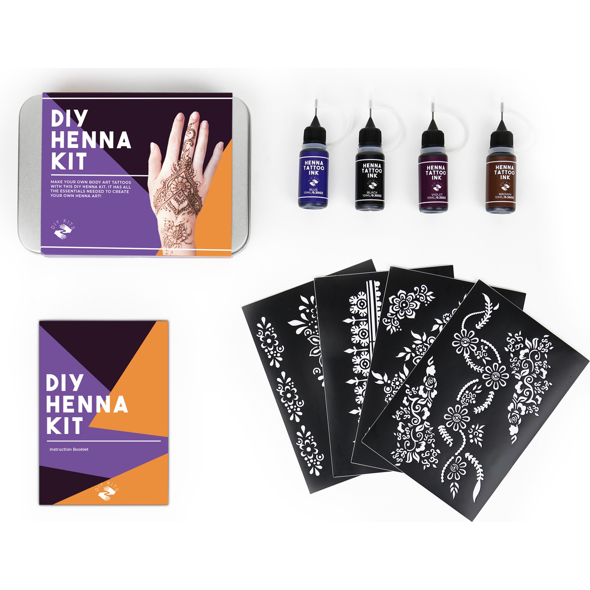 Inhalt des DIY Henna-Sets: Dose, vier Farbfläschchen und Schablonen
