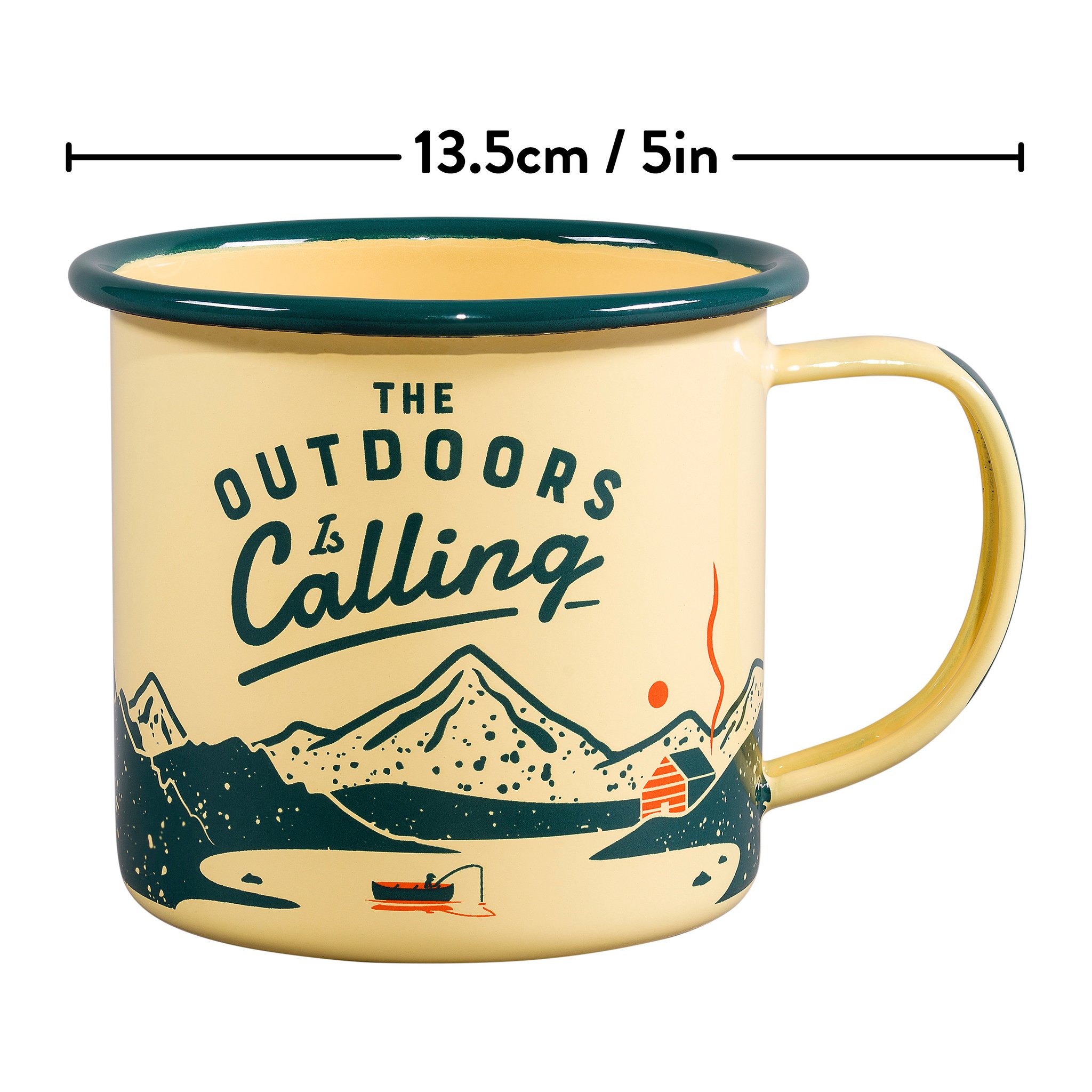 Outdoor Emaille-Tasse mit Schriftzug «The Outdoors Is Calling», darüber eine eingeblendete Bemassungslinie