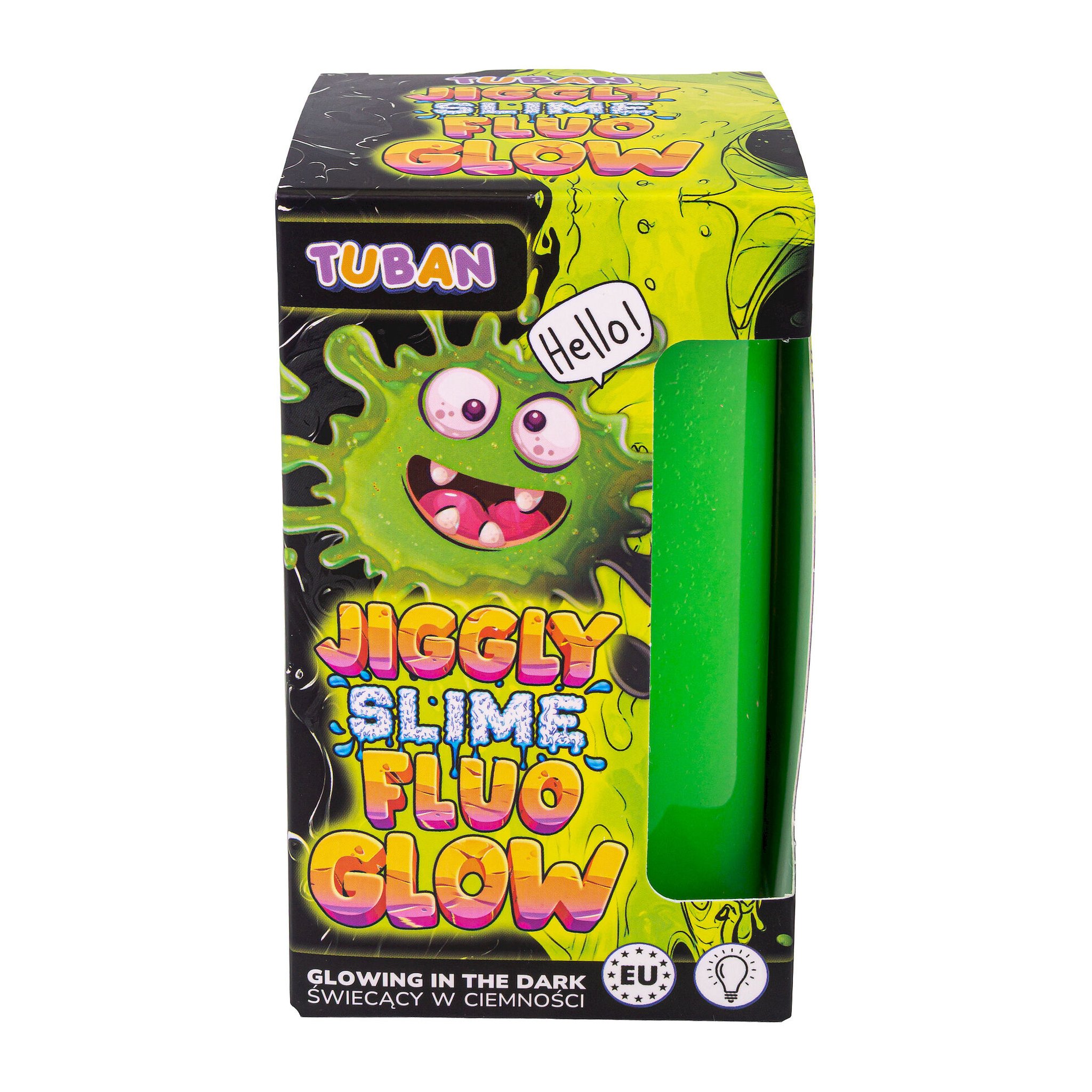 Fronte della confezione Jiggly Slime con mostro di slime verde e scritta Glowing in the Dark