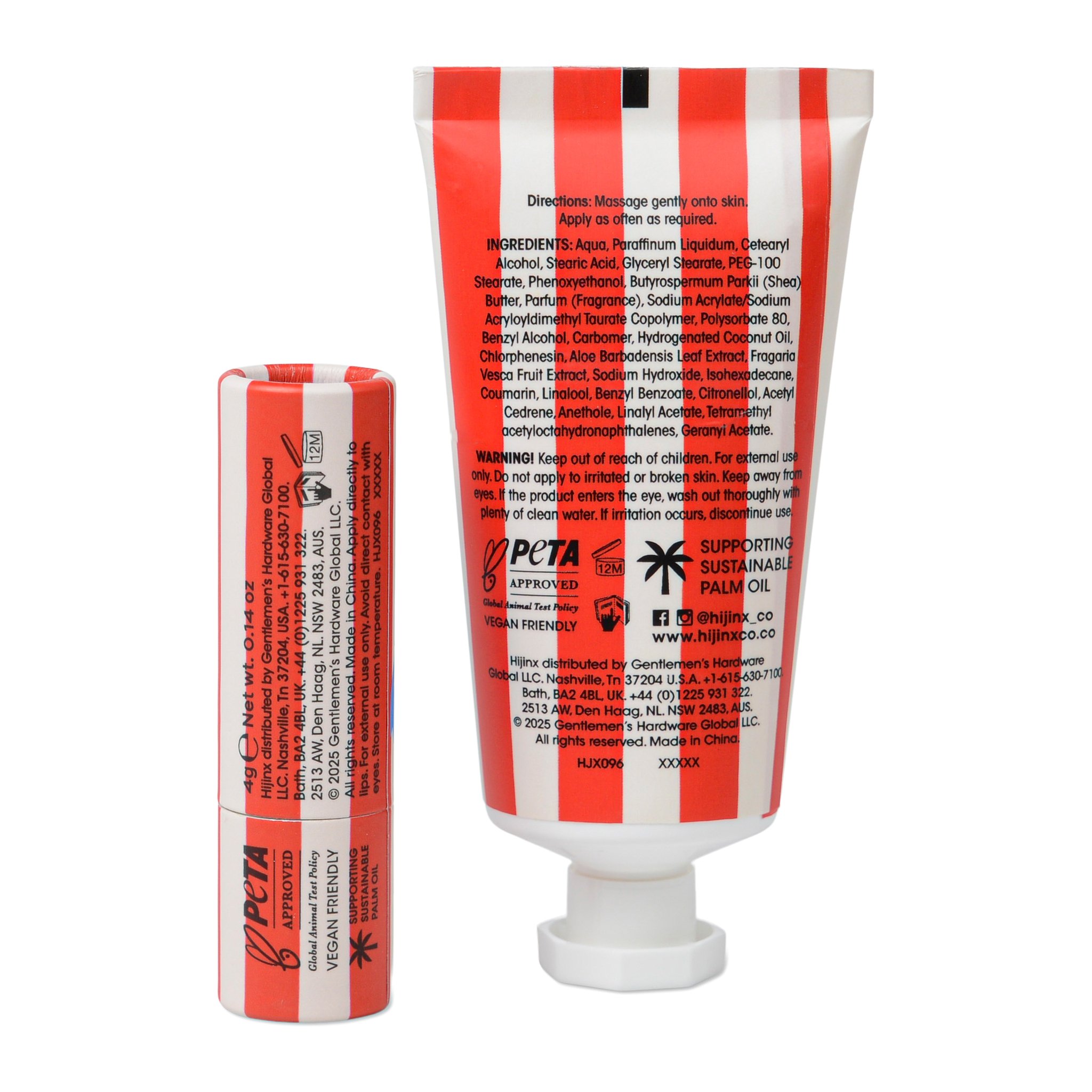 Dos du tube de crème mains avec les ingrédients, à côté du baume