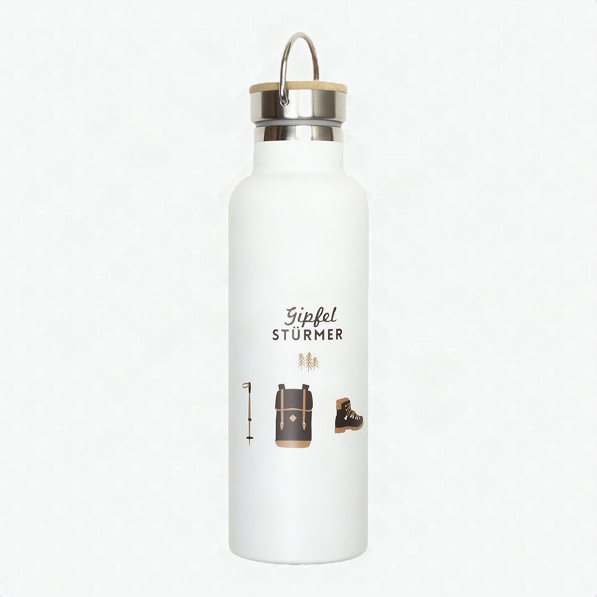 Gipfelstuermer Trinkflasche in Weiss mit Bambusdeckel, freigestellt