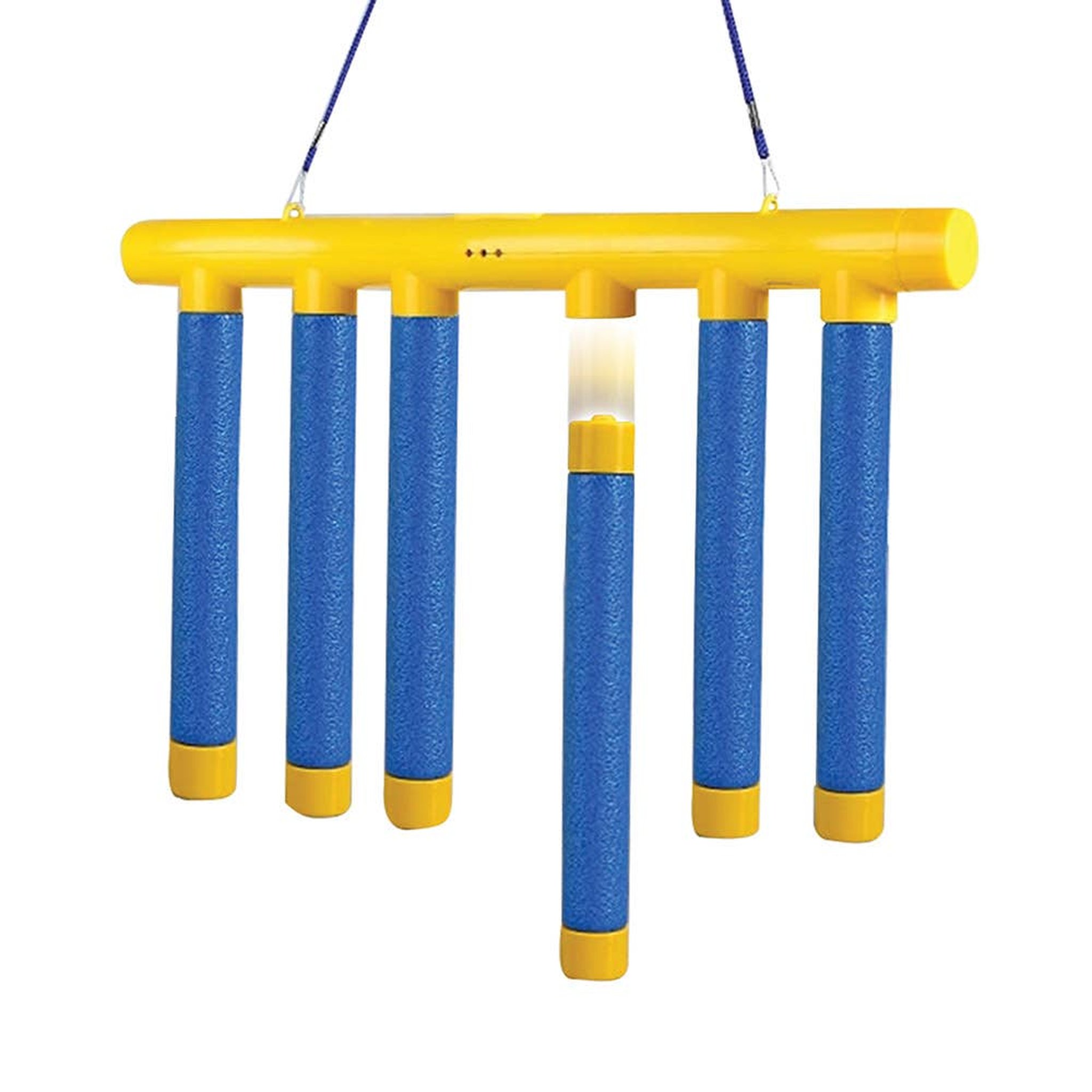Falling Sticks Spielleiste mit sechs blauen Sticks vor weissem Hintergrund