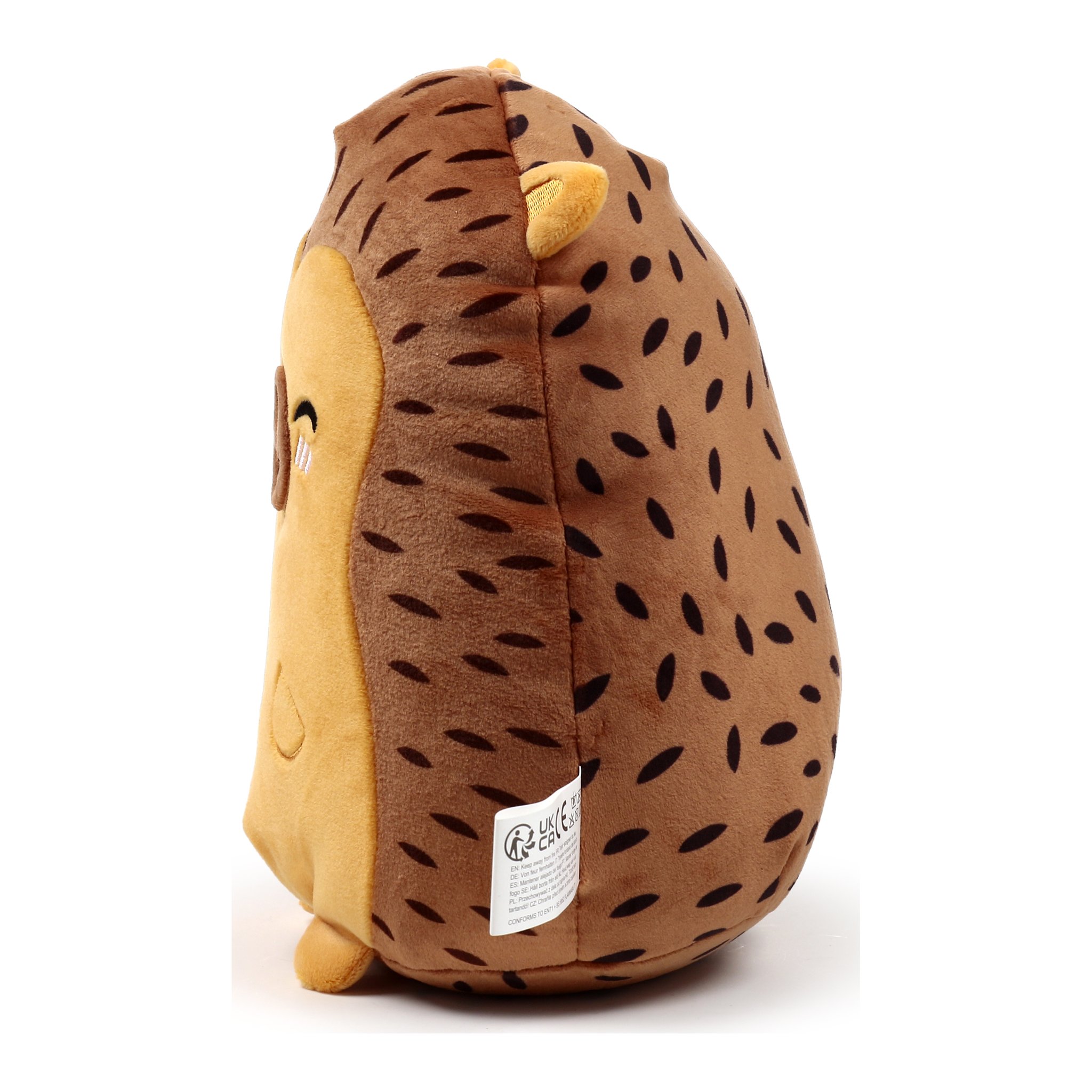Hedgehog plush cushion in profile with visible seam