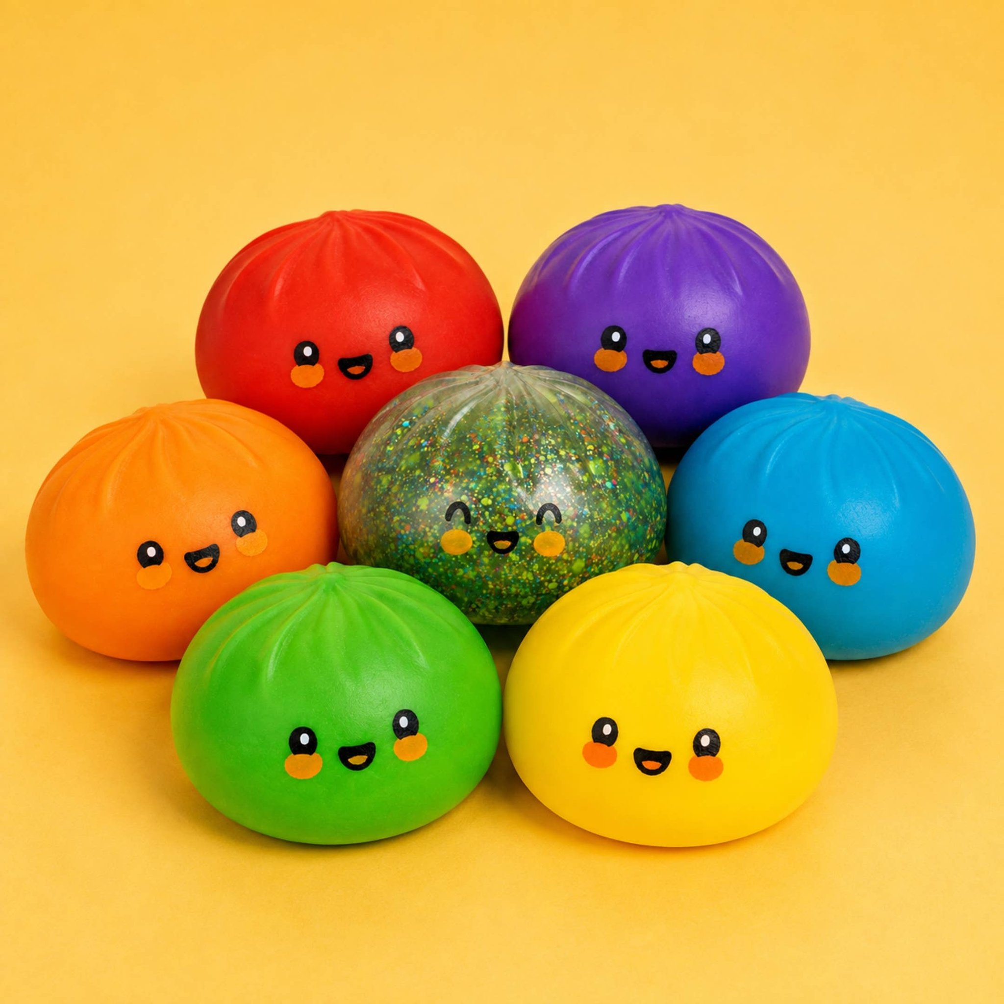Sechs farbige Dumplings rund um den seltenen Regenbogen-Glitzer-Dumpling