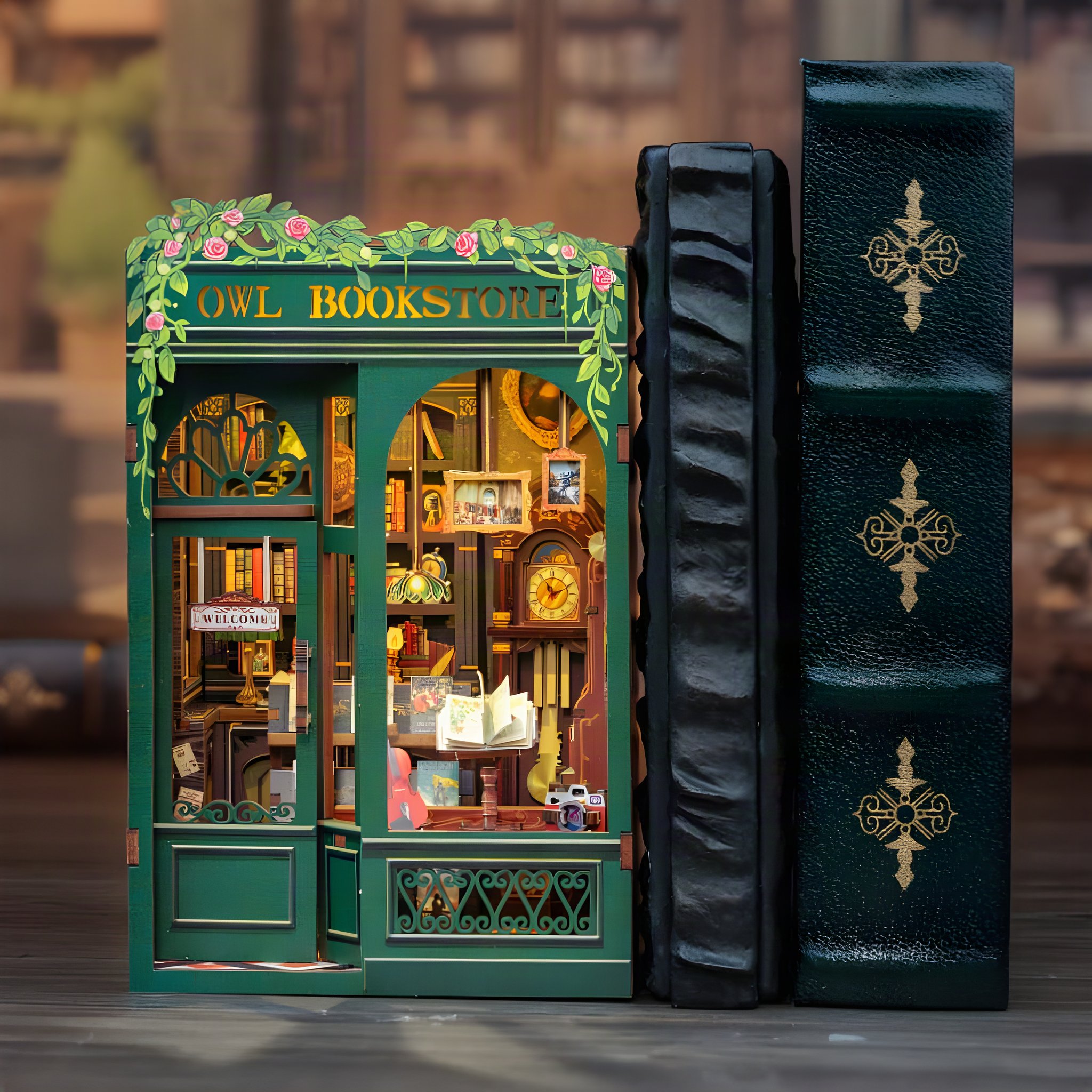 Book nook librairie des hiboux en serre-livres entre deux livres sombres sur l'étagère