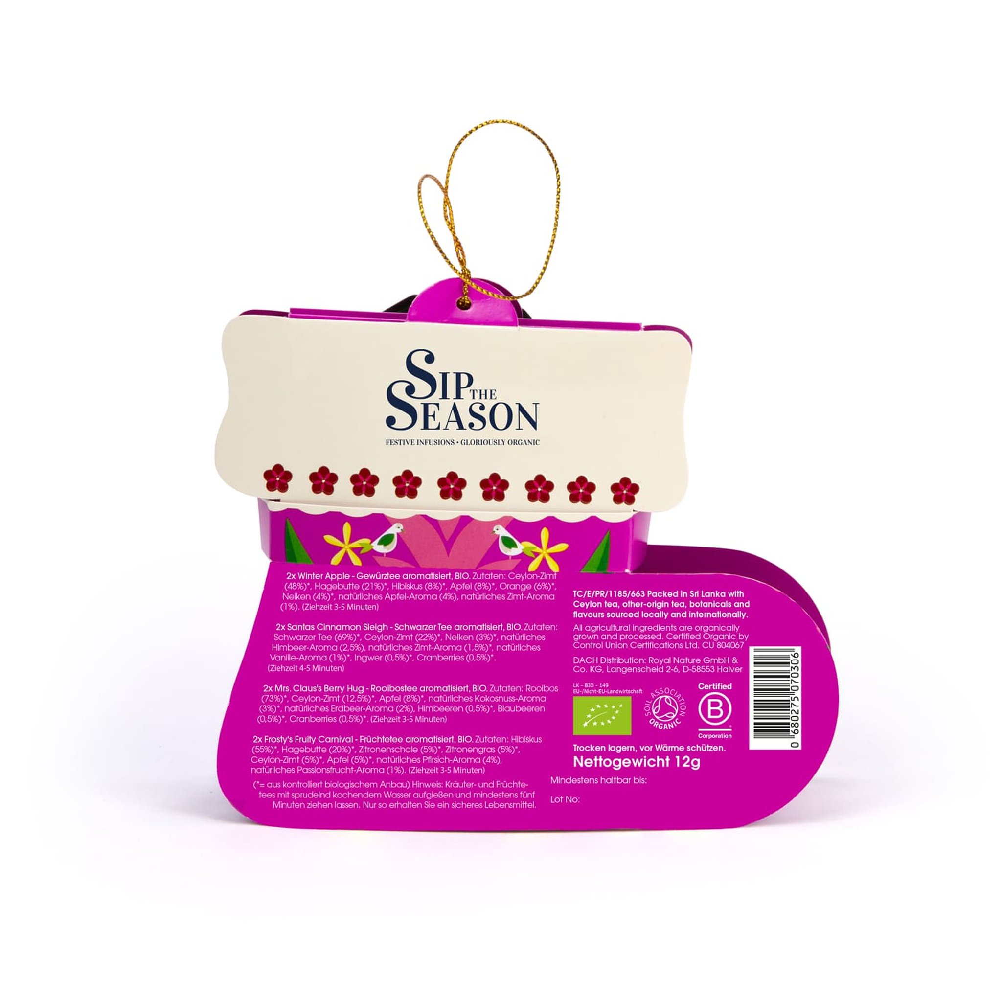 Dos de la botte de Noël garnie de thé avec détails des thés, logo bio et code-barres