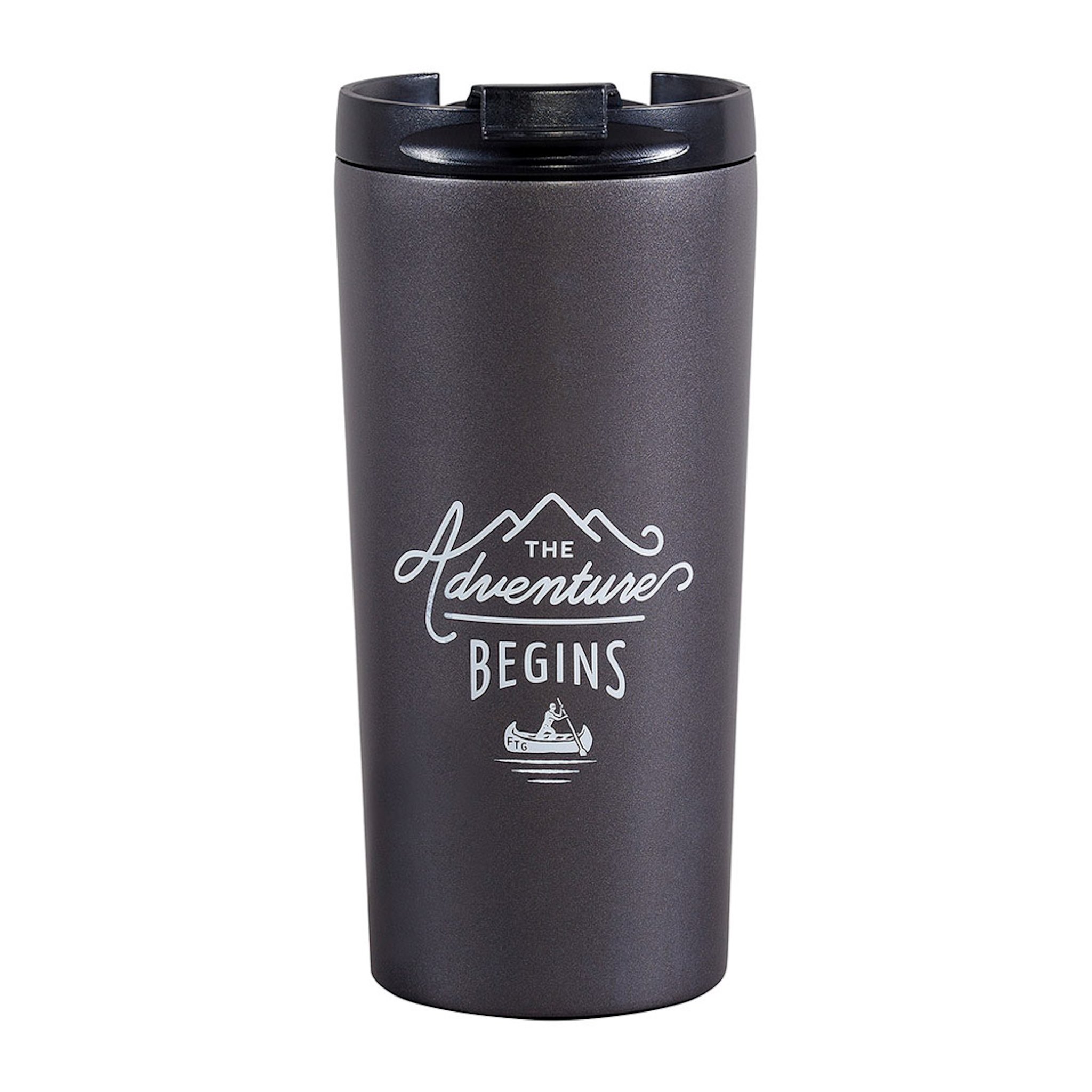 Anthrazitfarbene Reise-Kaffeepresse mit schwarzem Deckel und weissem Aufdruck «The Adventure Begins» samt Kanu