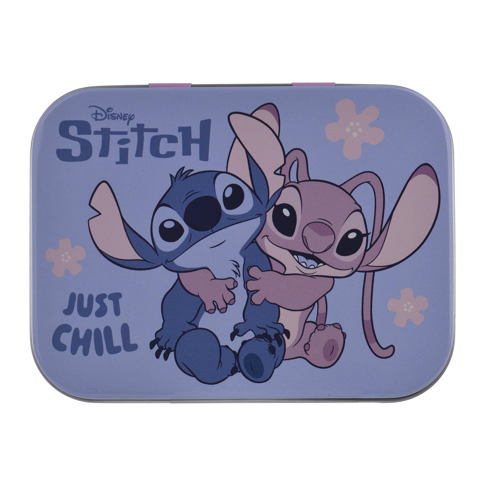 Metal tin showing Stitch and Angel hugging with the words Just Chill, front view