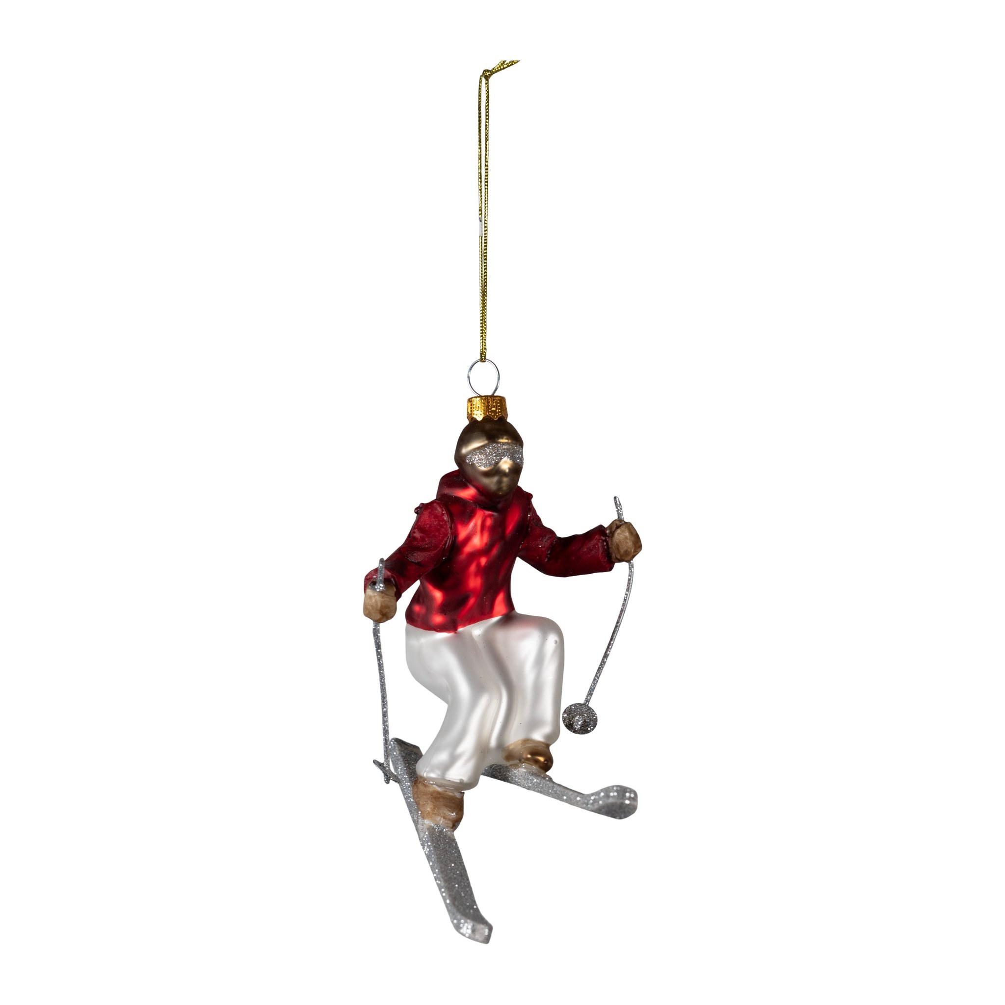 Christbaumschmuck Skifahrer aus Glas mit roter Jacke, Skibrille und silbernen Skiern