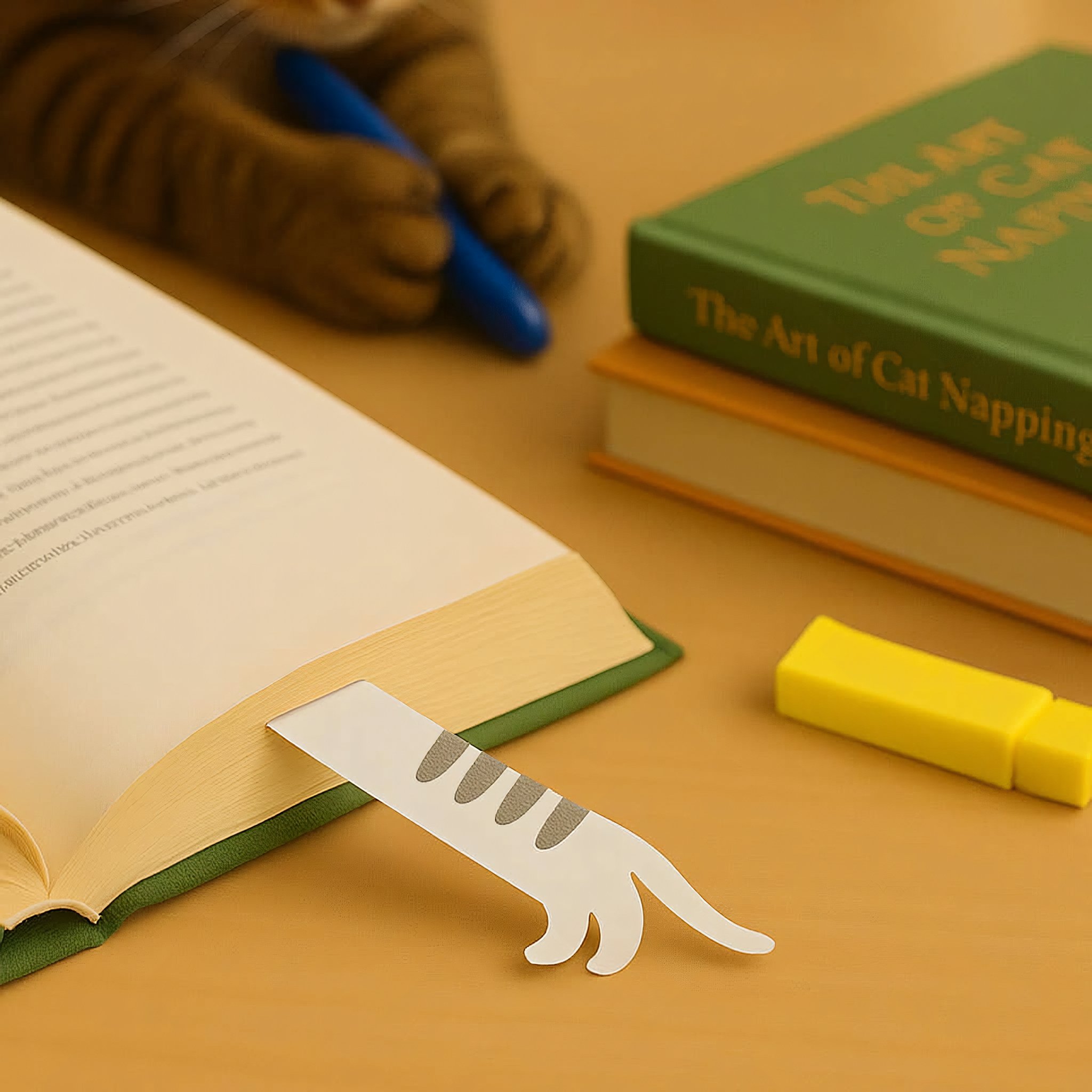 Katzen-Seitenmarkierer im Buch mit Bookmark voll sichtbar