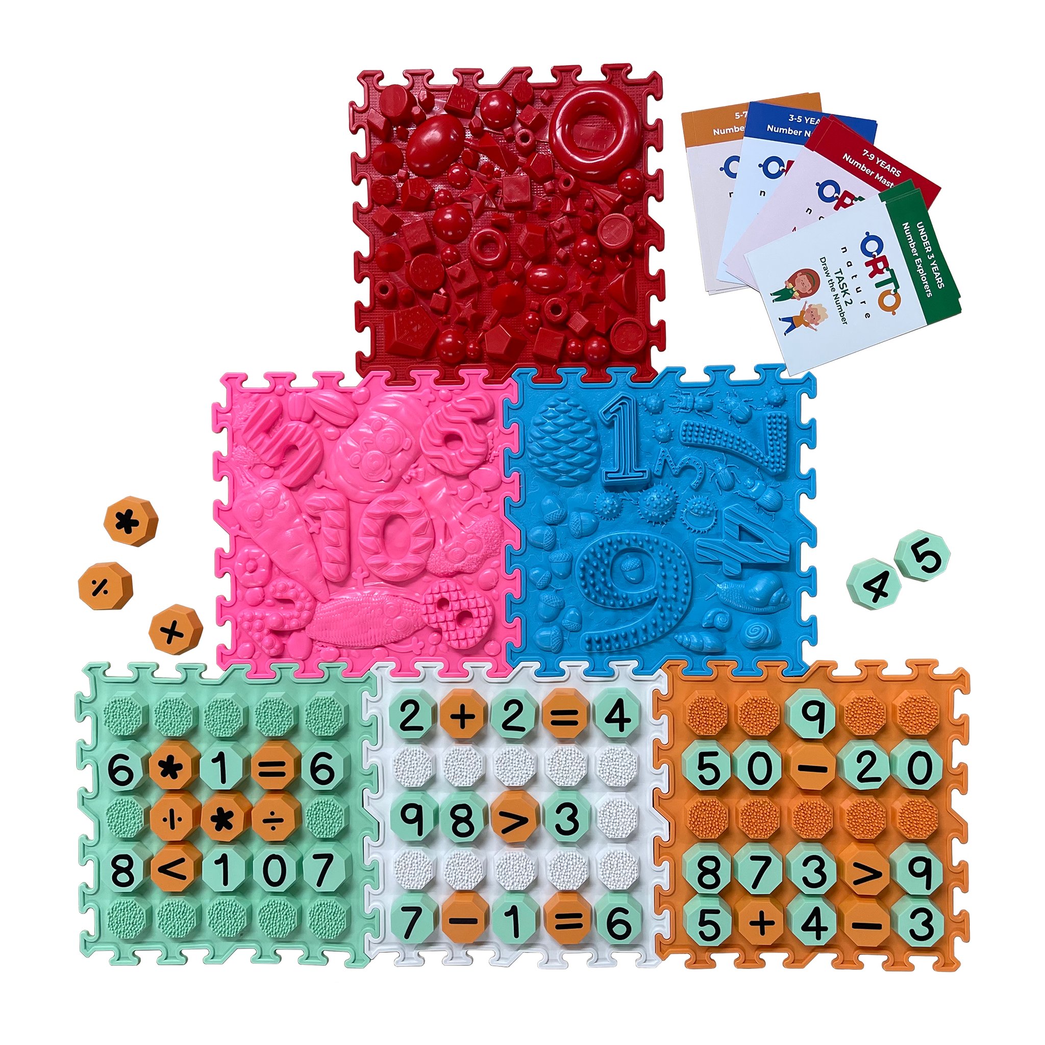 Komplettes Sensorikmatten-Set mit sechs Puzzlematten, Zahlen-Achtecken und Aufgabenkarten