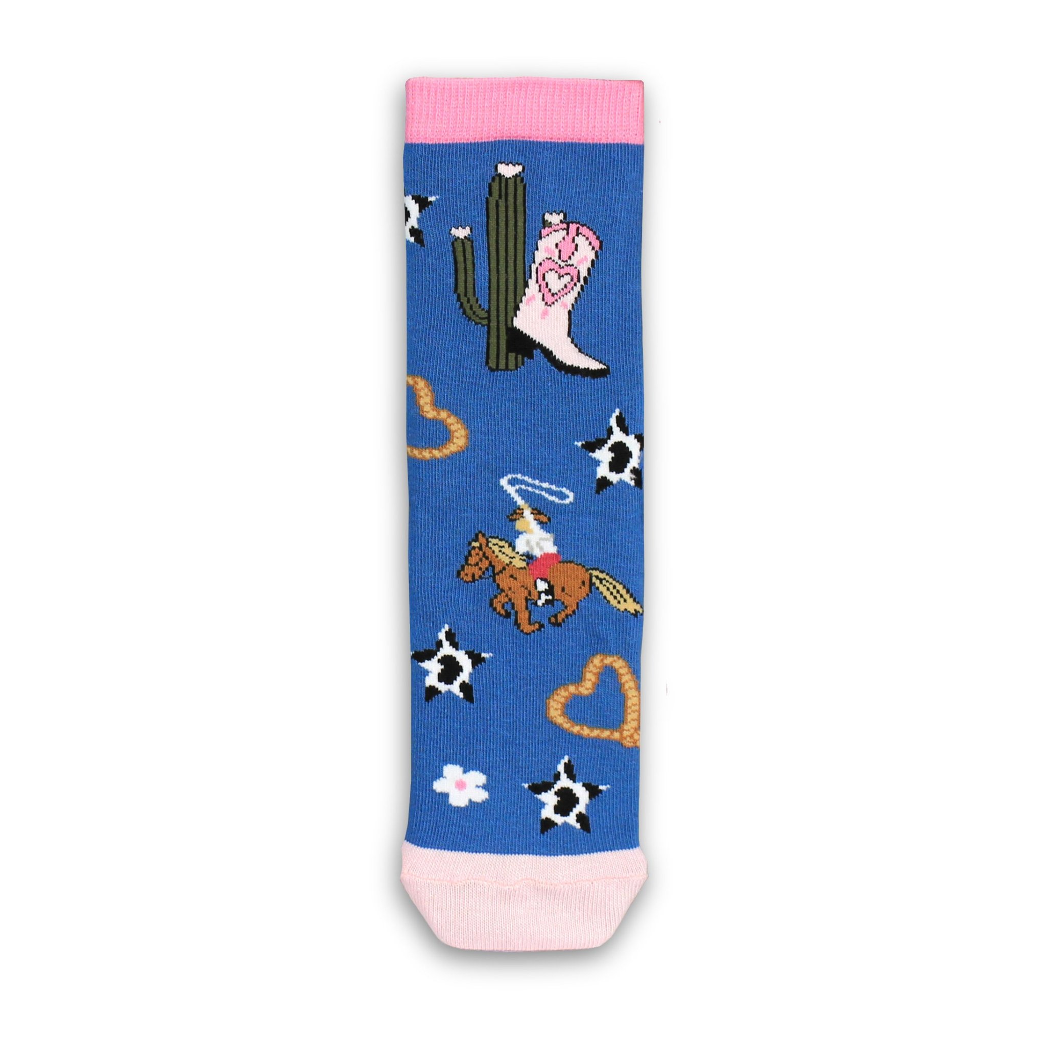 Dunkelblaue Socke mit Kaktus, Stiefel und Lasso