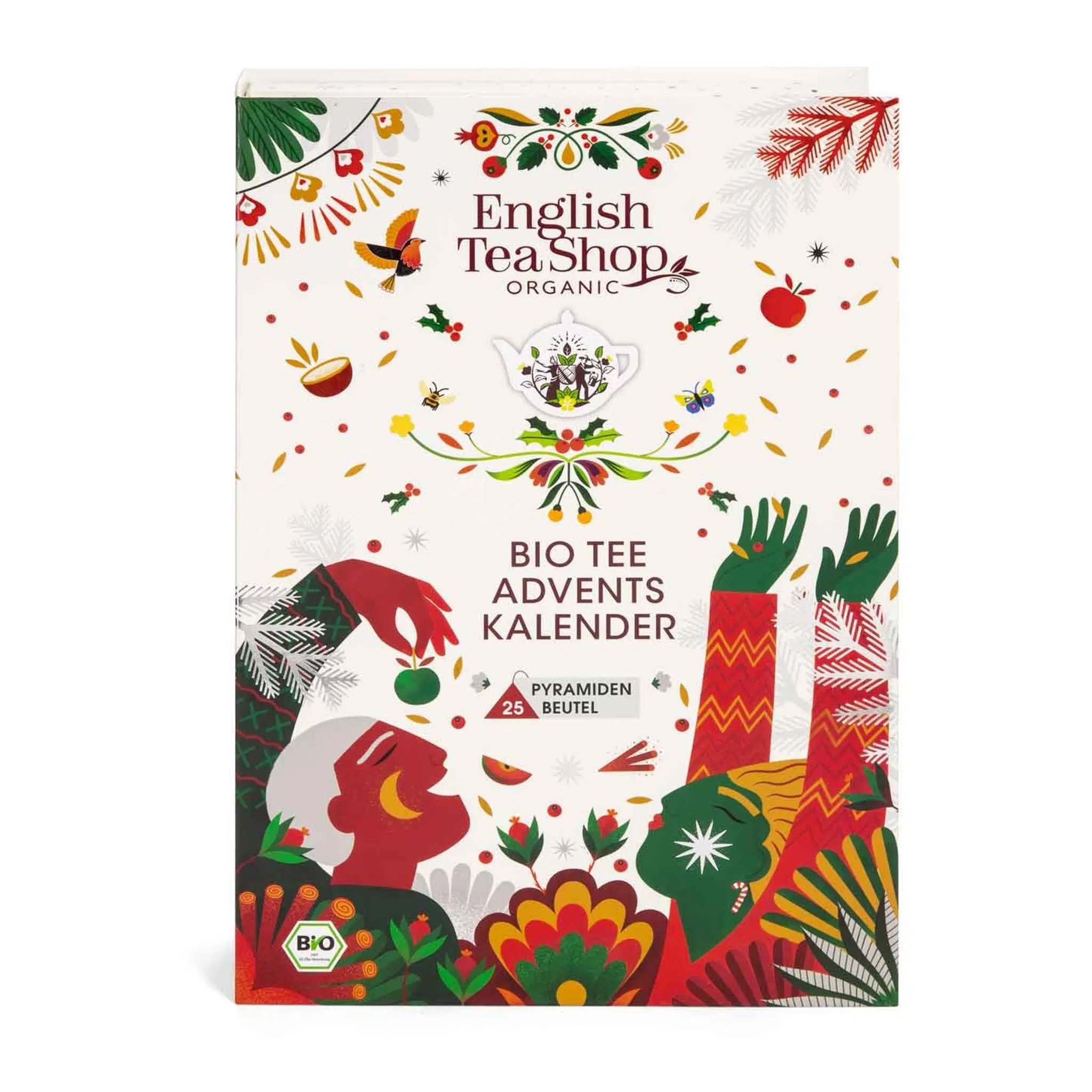 Front cover of the English Tea Shop organic tea advent calendar with a colourful Christmas illustration