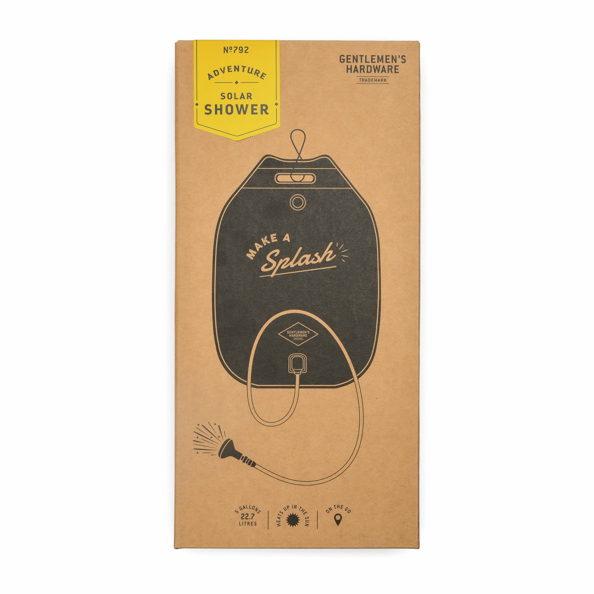 Cardboard box of the portable solar shower with a yellow label and a printed black water bag with hose