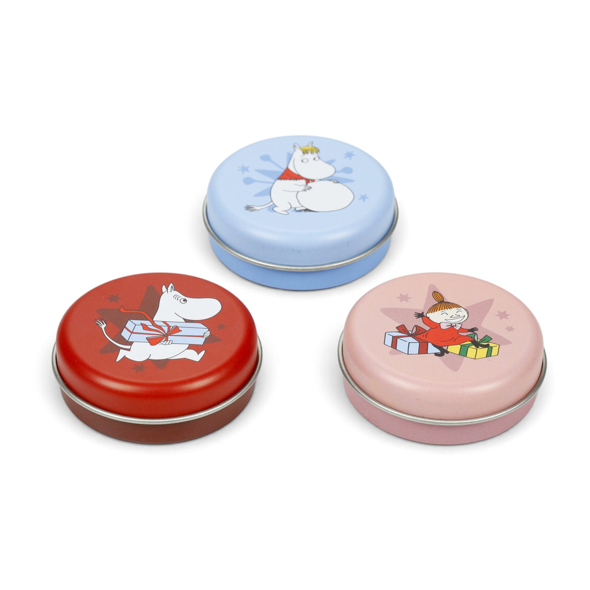 Drei Mumin Weihnachts-Lippenbalsam-Dosen in Rot, Hellblau und Rosa