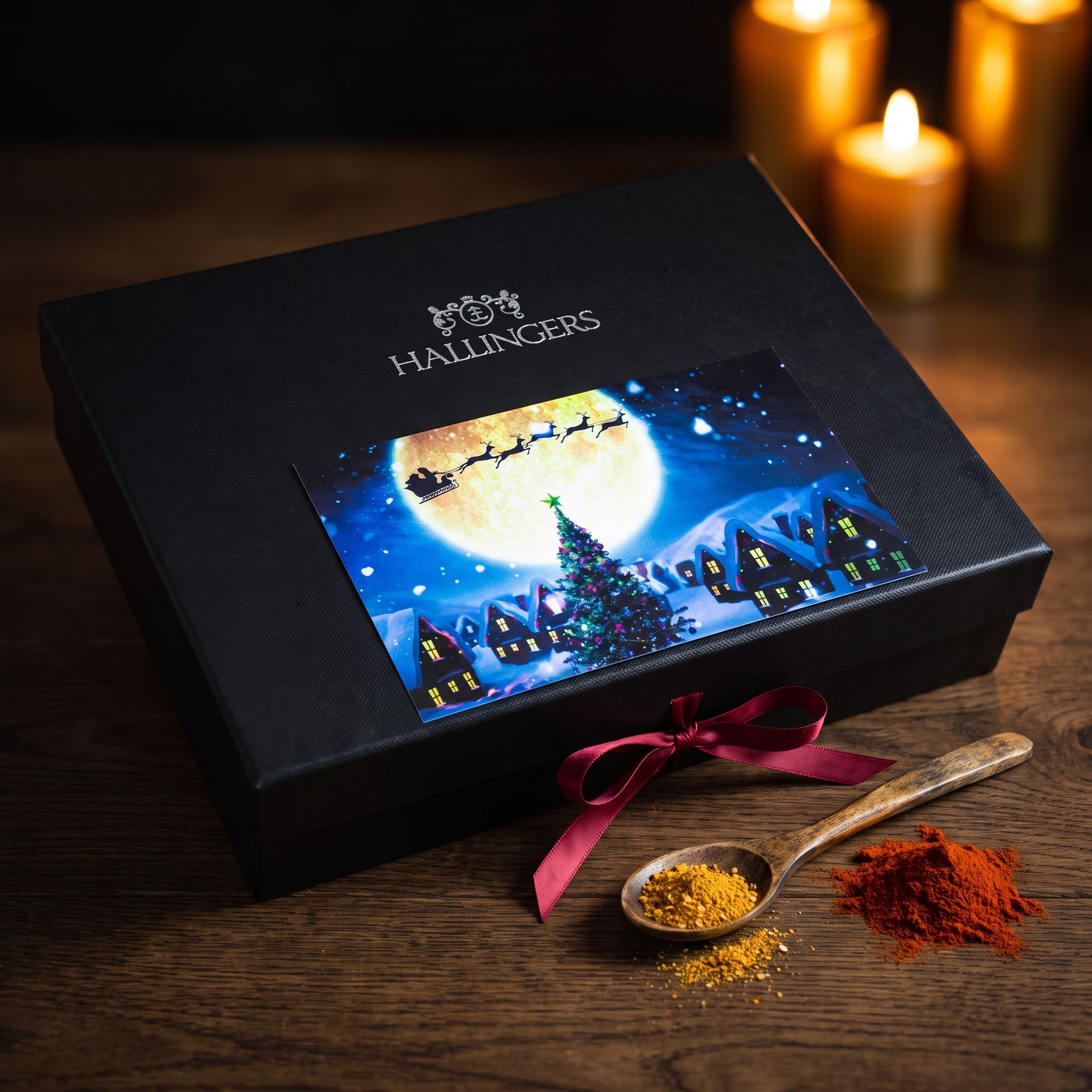 Gewürz-Adventskalender Magische Reise als Geschenk mit roter Schleife, davor Holzlöffel und Paprika