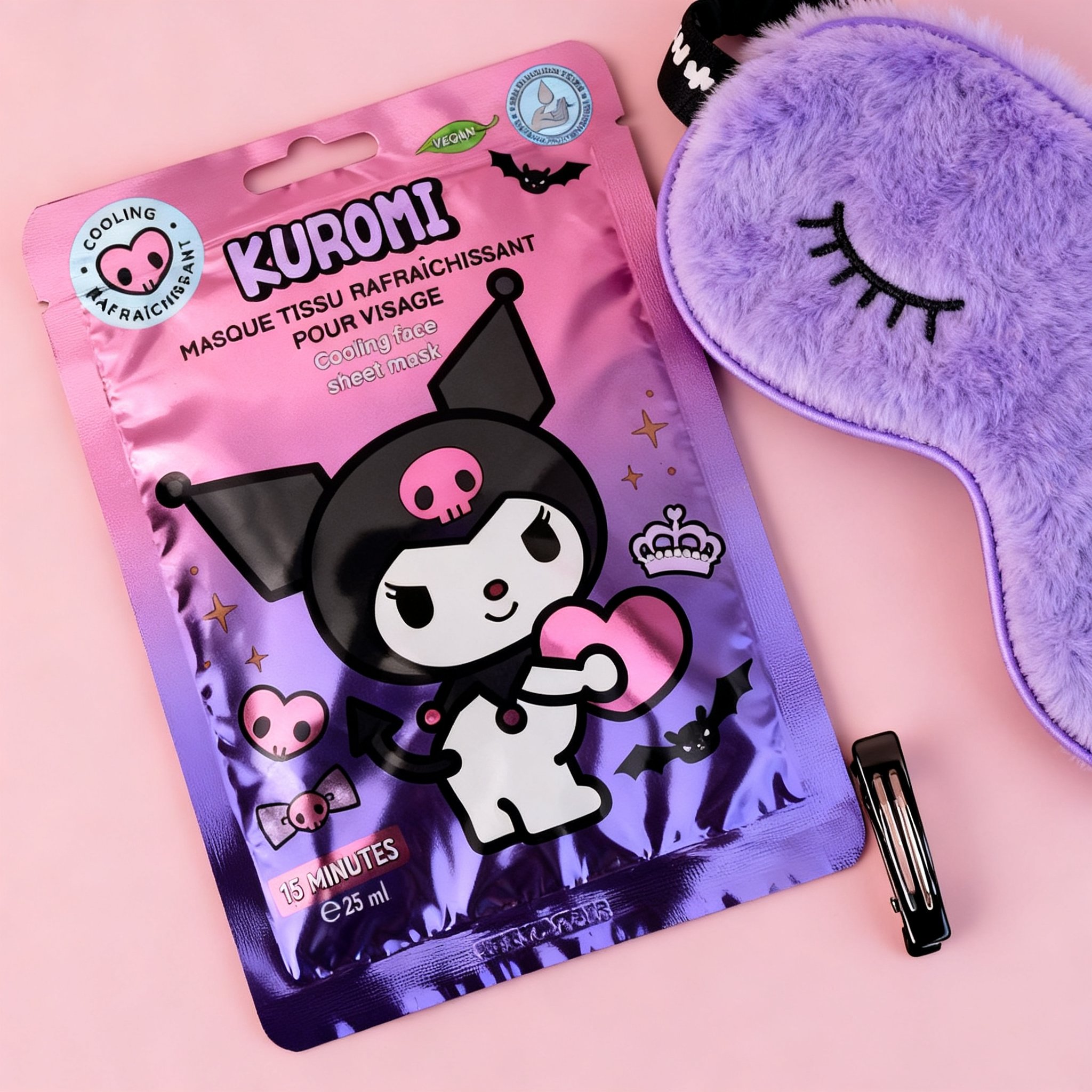 Kuromi sheet mask on a pink surface next to a fluffy sleep mask