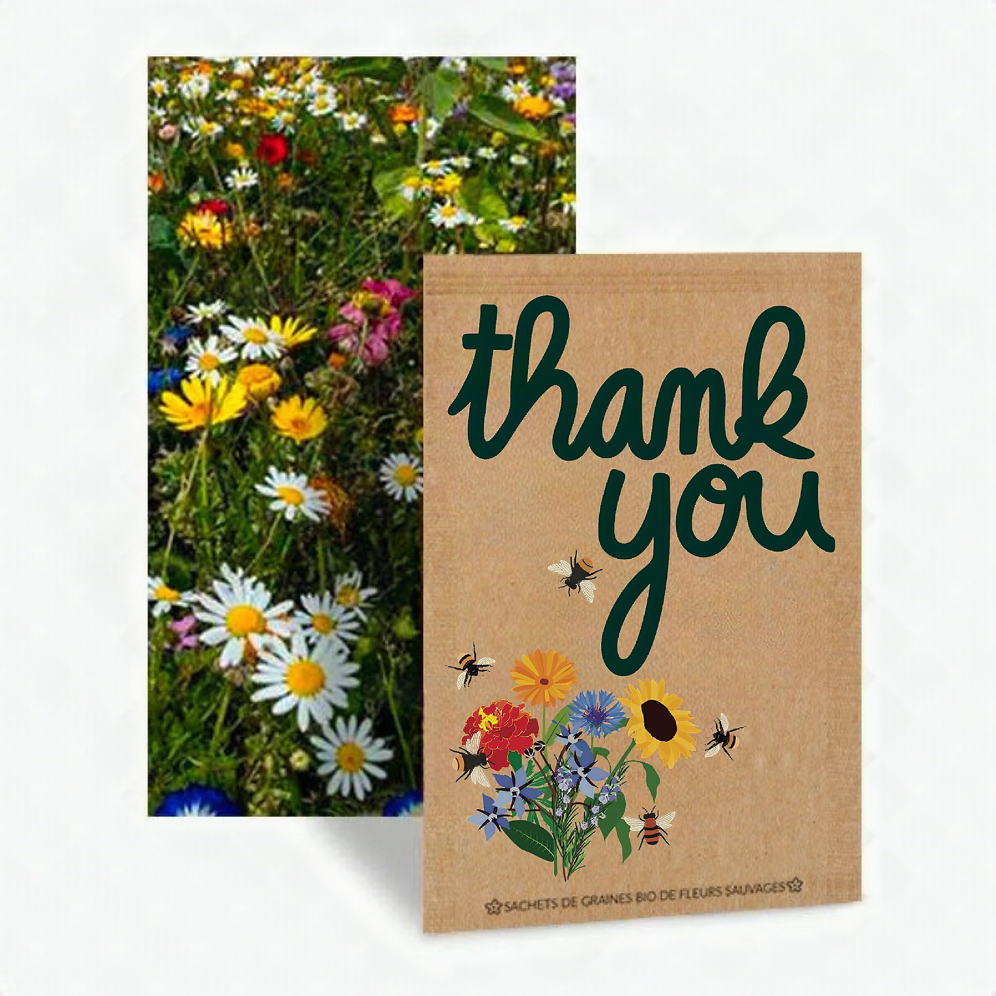 Sachet de graines de fleurs Thank You avec fleurs sauvages et abeilles devant une prairie fleurie