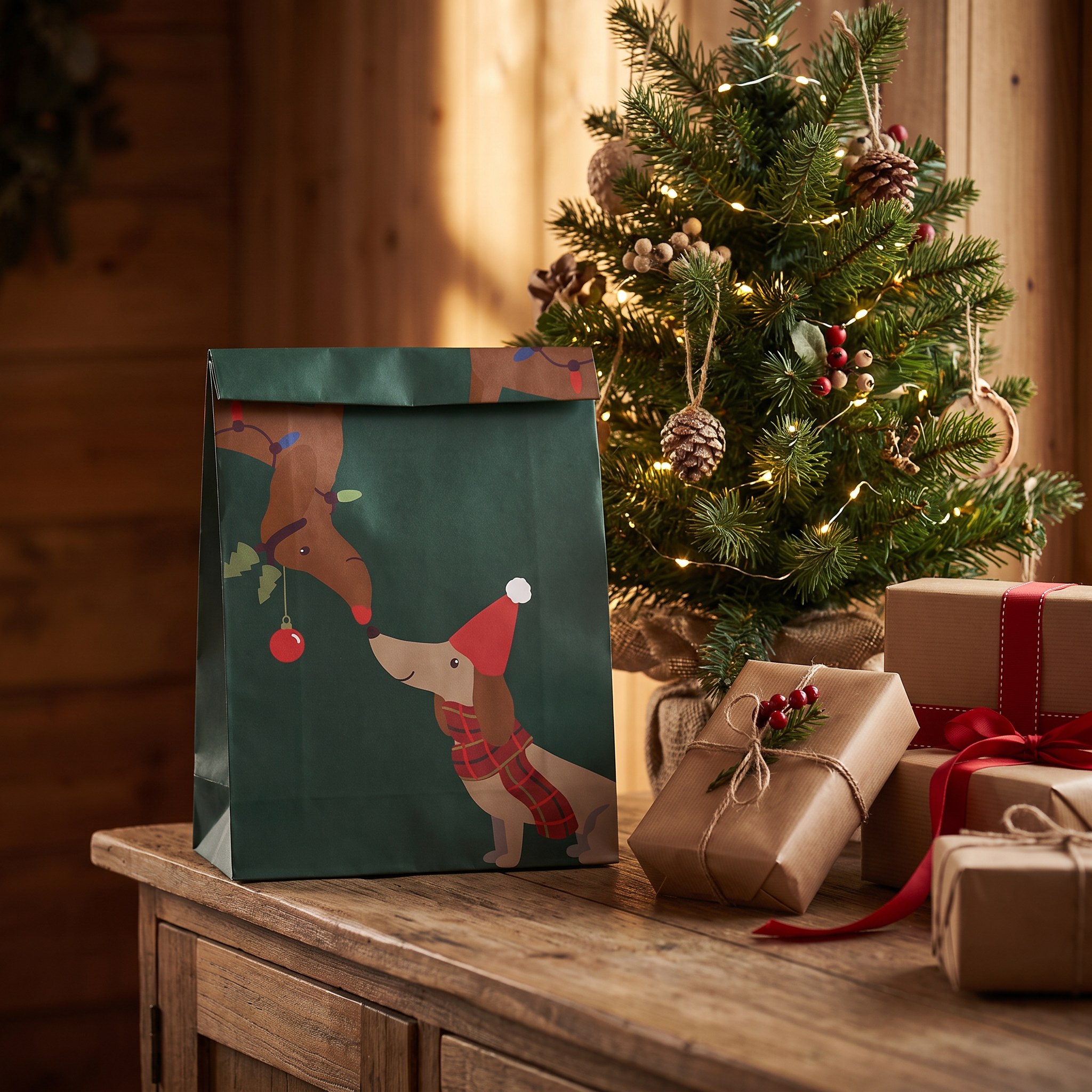 Grüne Dackel-Geschenktüte mit Weihnachtsmützen-Motiv zwischen verpackten Geschenken